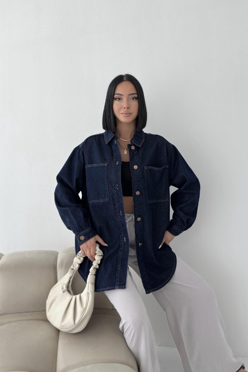 Düğmeli Oversize Kot Gömlek 6080-08-(S+L+3)