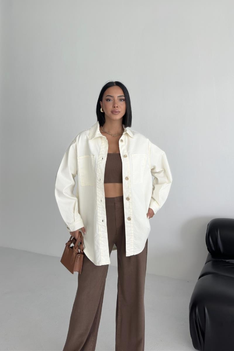 Düğmeli Oversize Kot Gömlek 6080-08-(S+L+3)