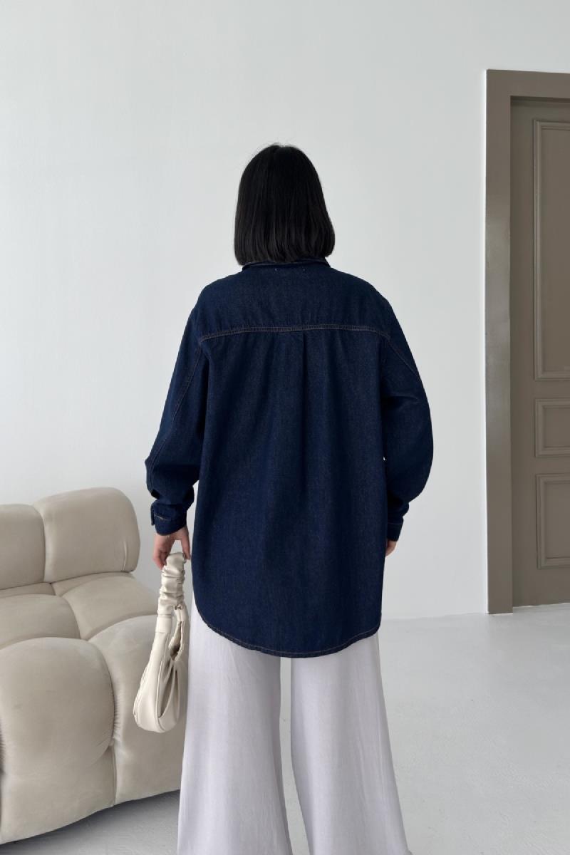 Düğmeli Oversize Kot Gömlek 6080-08-(S+L+3)