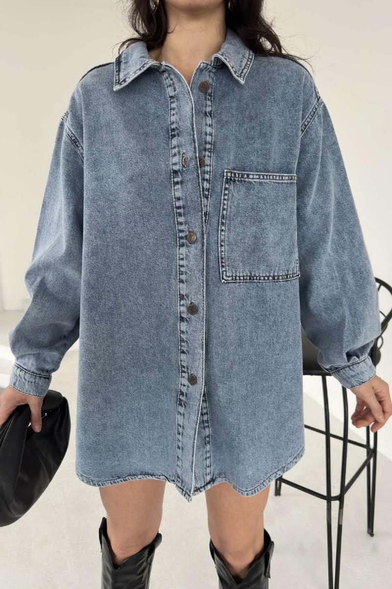 Düğmeli Oversize Kot Gömlek 6080-08-(S+L+3)