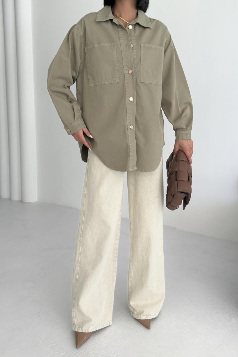 Düğmeli Oversize Kot Gömlek 6080-08-(S+L+3)