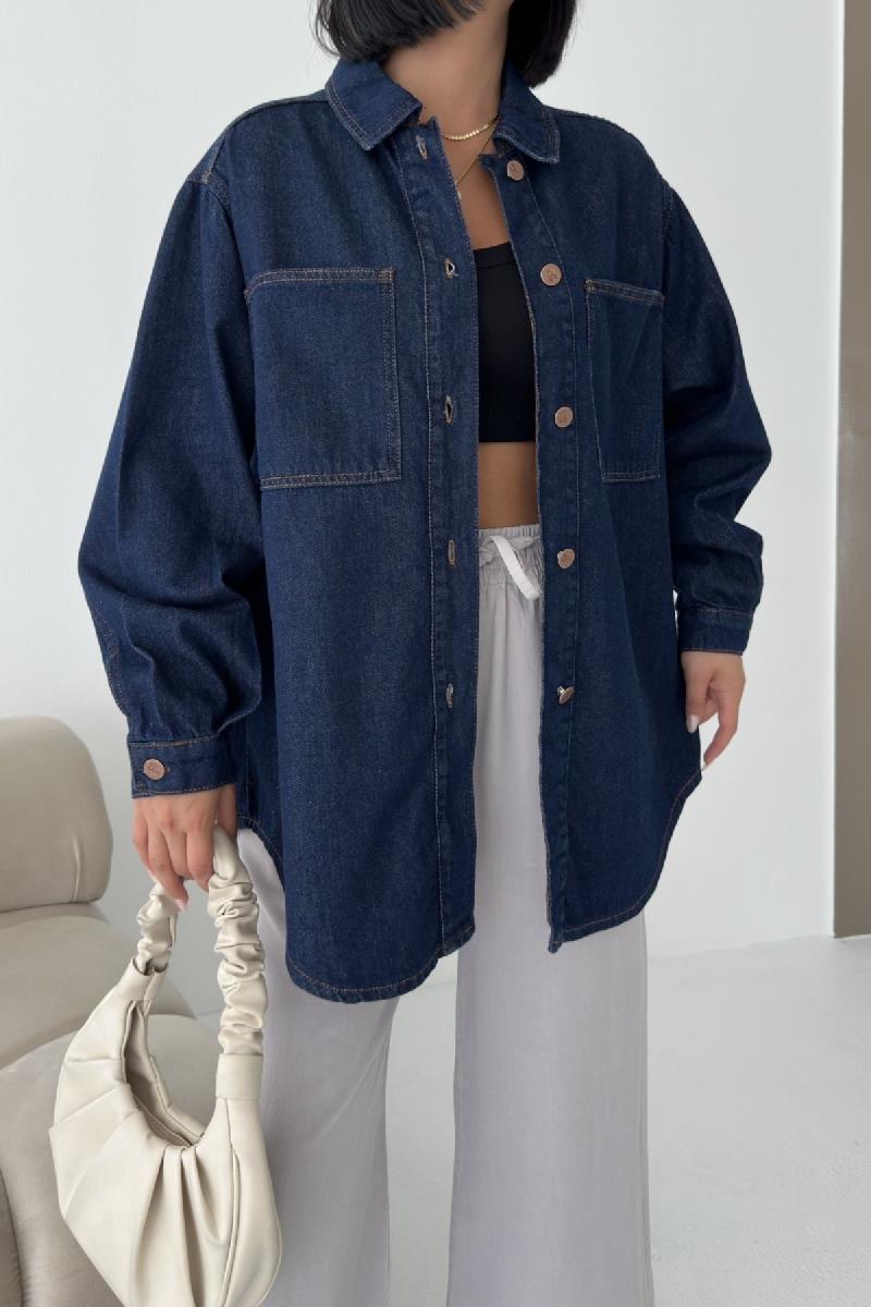 Düğmeli Oversize Kot Gömlek 6080-08-(S+L+3)