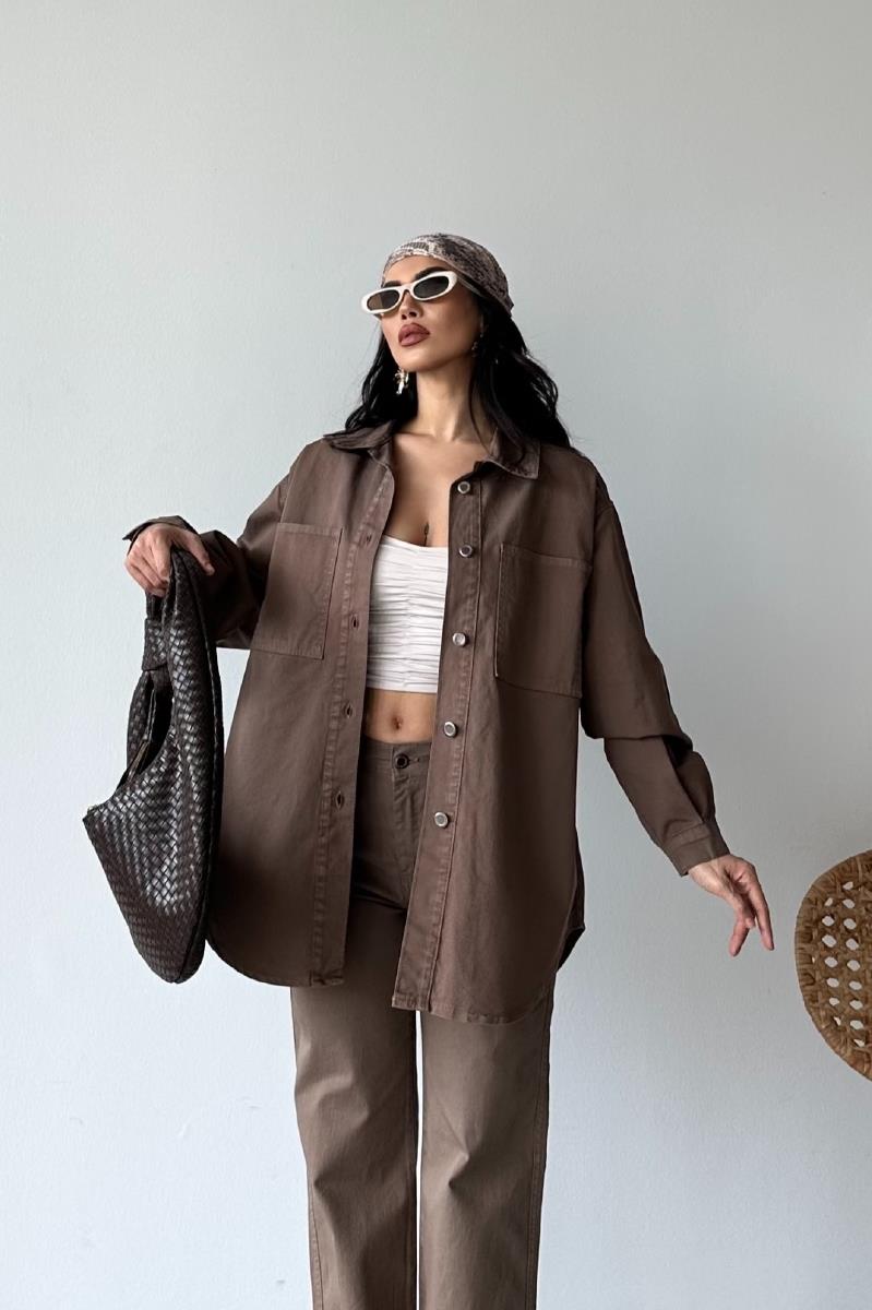 Düğmeli Oversize Kot Gömlek 6080-08-(S+L+3)
