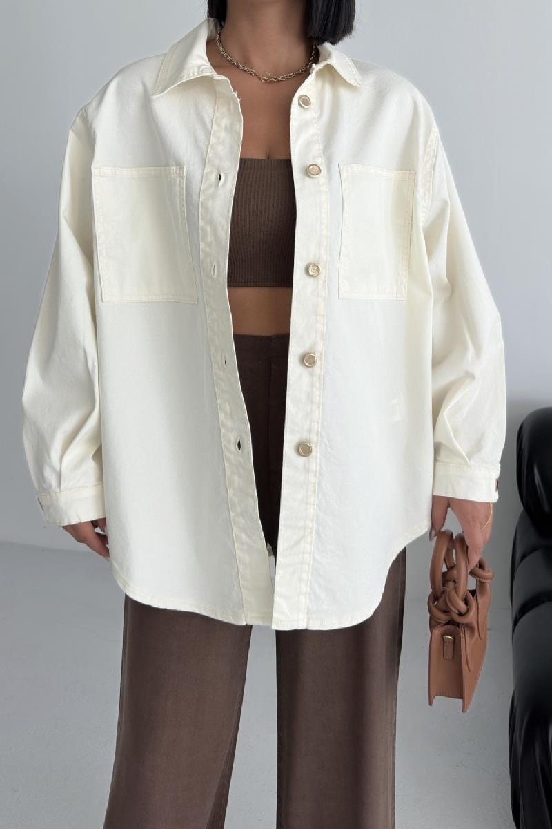 Düğmeli Oversize Kot Gömlek 6080-08-(S+L+3)