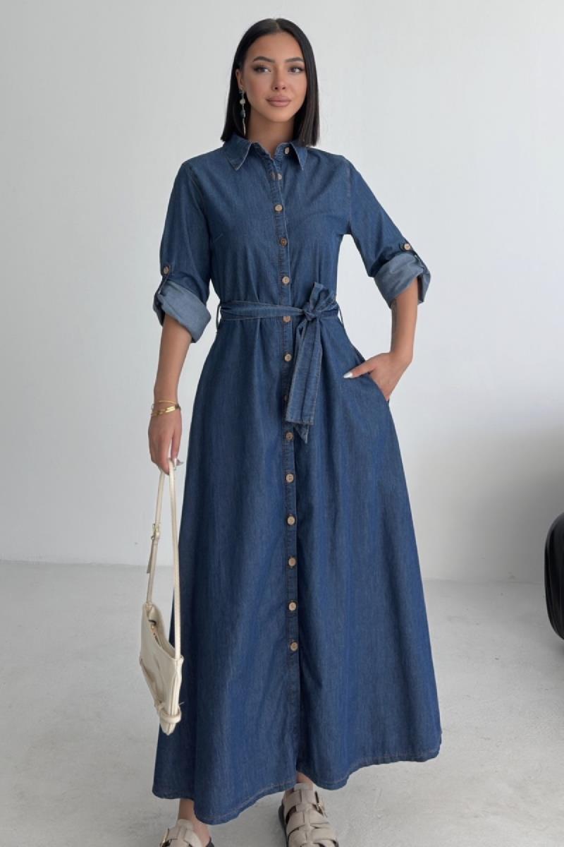 Düğmeli Uzun Boy Kot Elbise 3047-26-(S-XL)