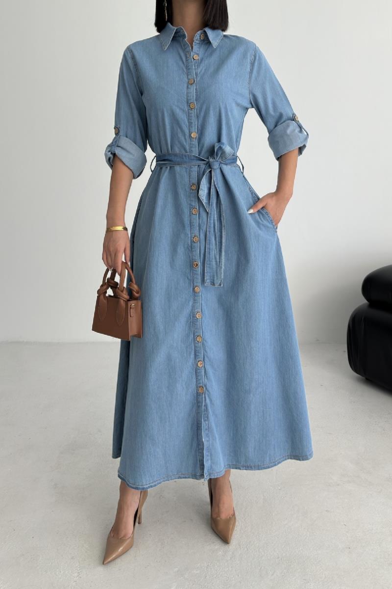 Düğmeli Uzun Boy Kot Elbise 3047-26-(S-XL)