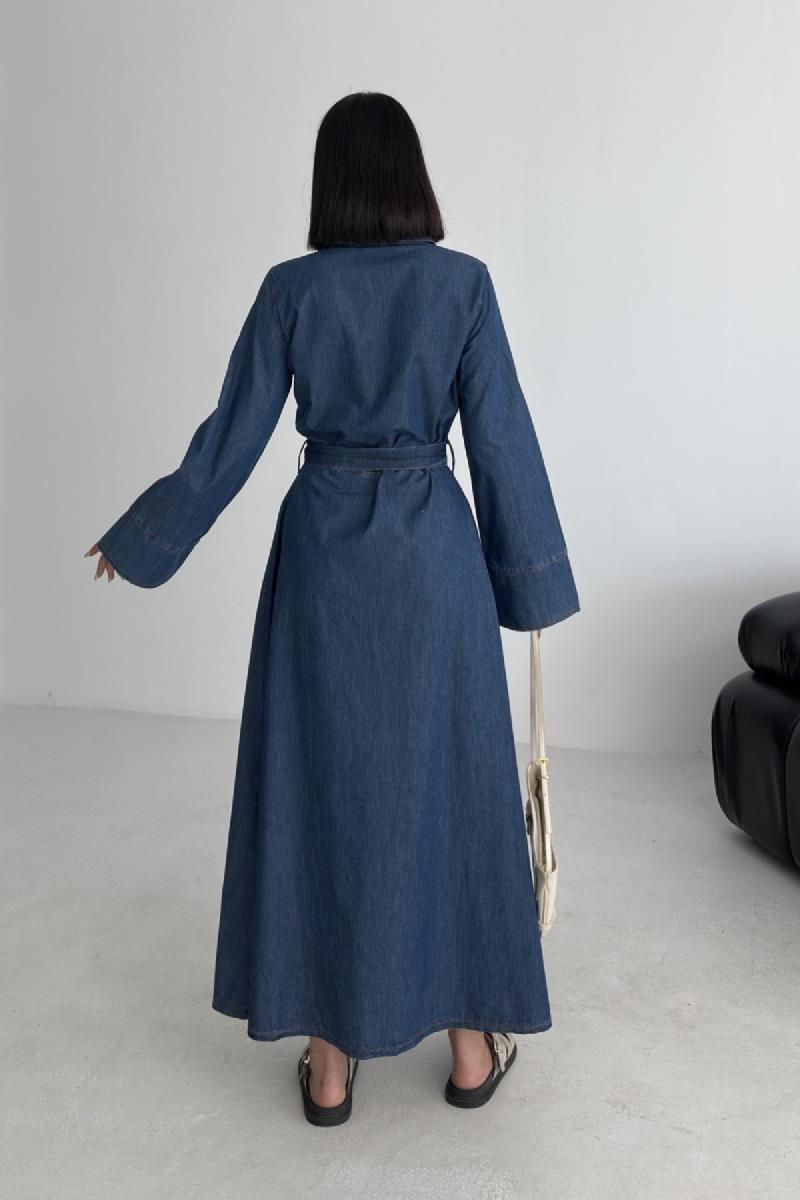 Düğmeli Uzun Boy Kot Elbise 3047-26-(S-XL)