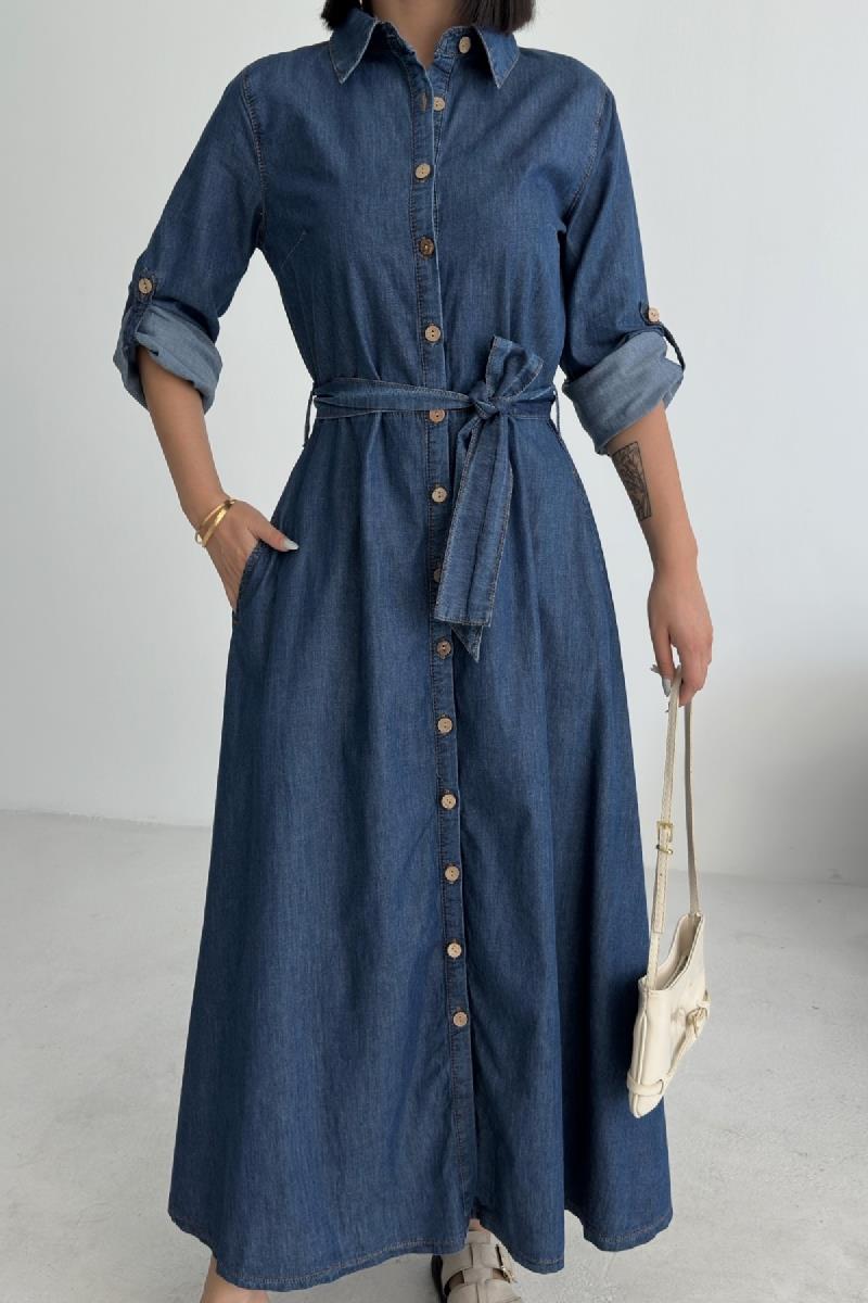 Düğmeli Uzun Boy Kot Elbise 3047-26-(S-XL)