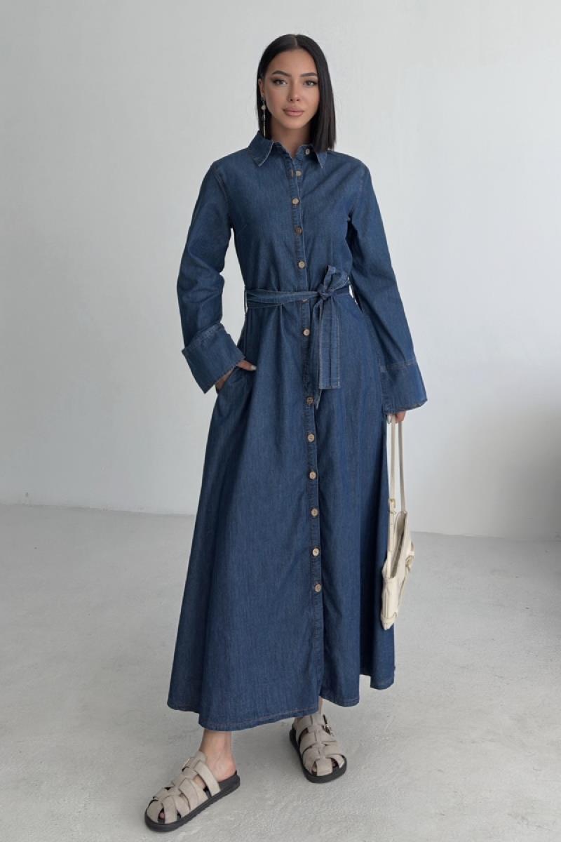 Düğmeli Uzun Boy Kot Elbise 3047-26-(S-XL)