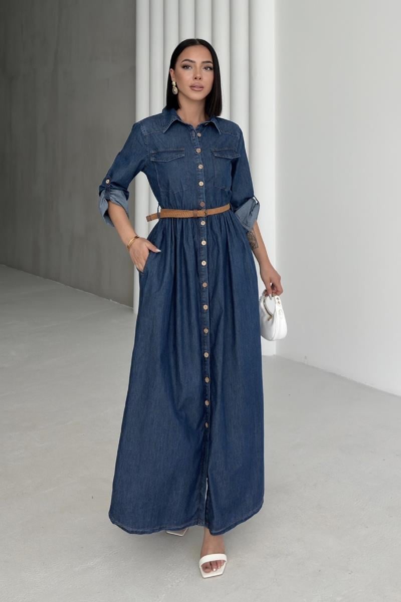 Düğmeli Uzun Kot Elbise 3041-26-(S-XL)