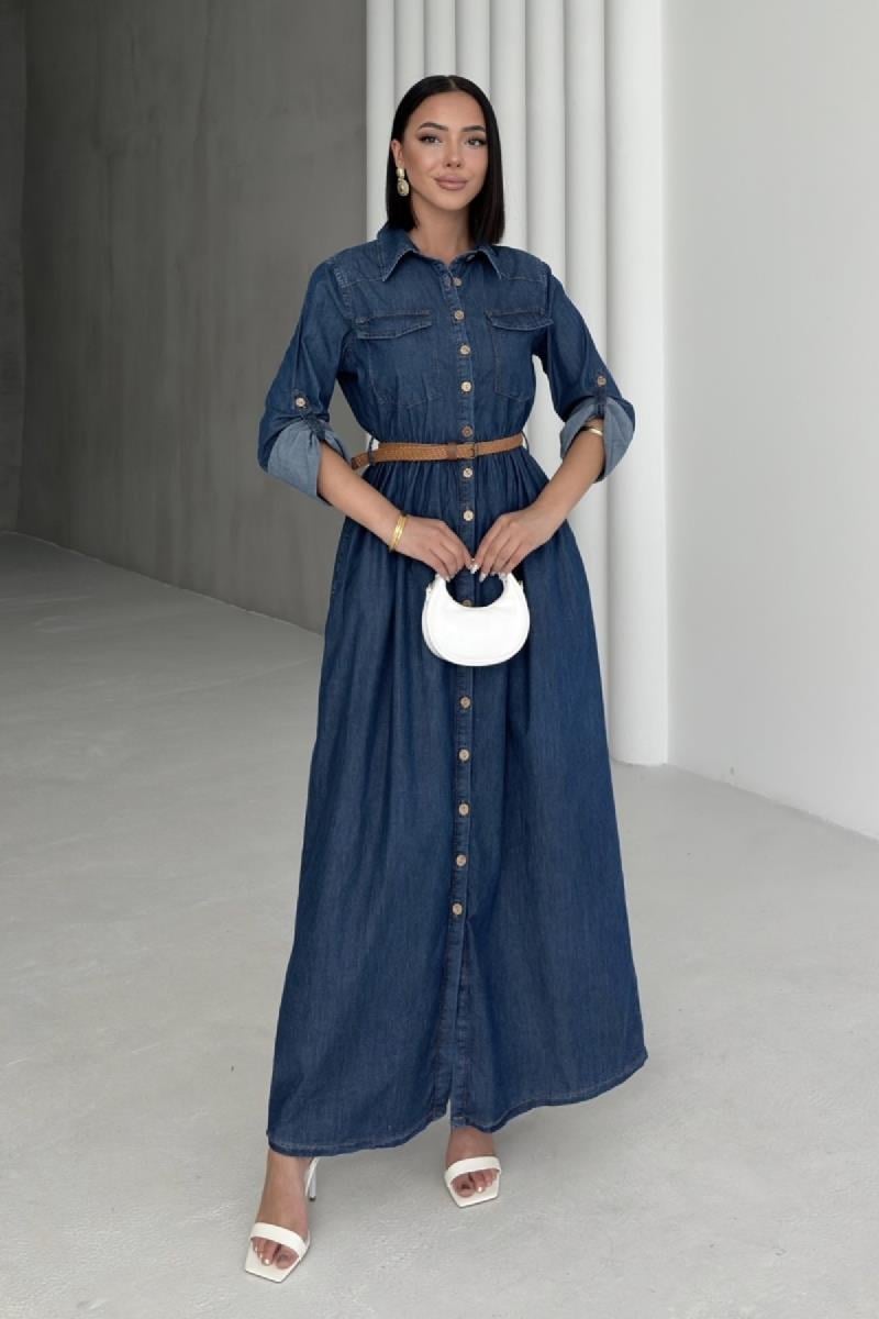 Düğmeli Uzun Kot Elbise 3041-26-(S-XL)