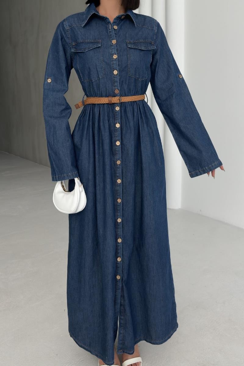 Düğmeli Uzun Kot Elbise 3041-26-(S-XL)