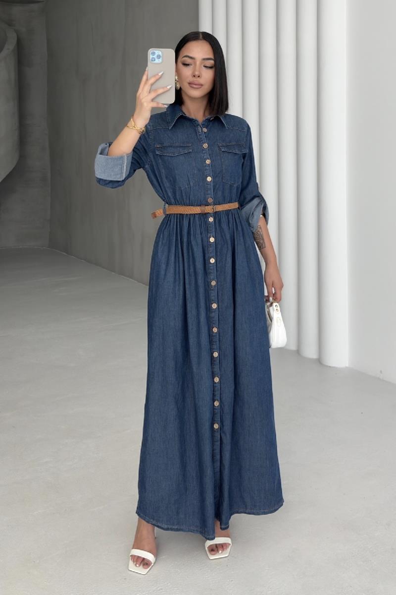 Düğmeli Uzun Kot Elbise 3041-26-(S-XL)