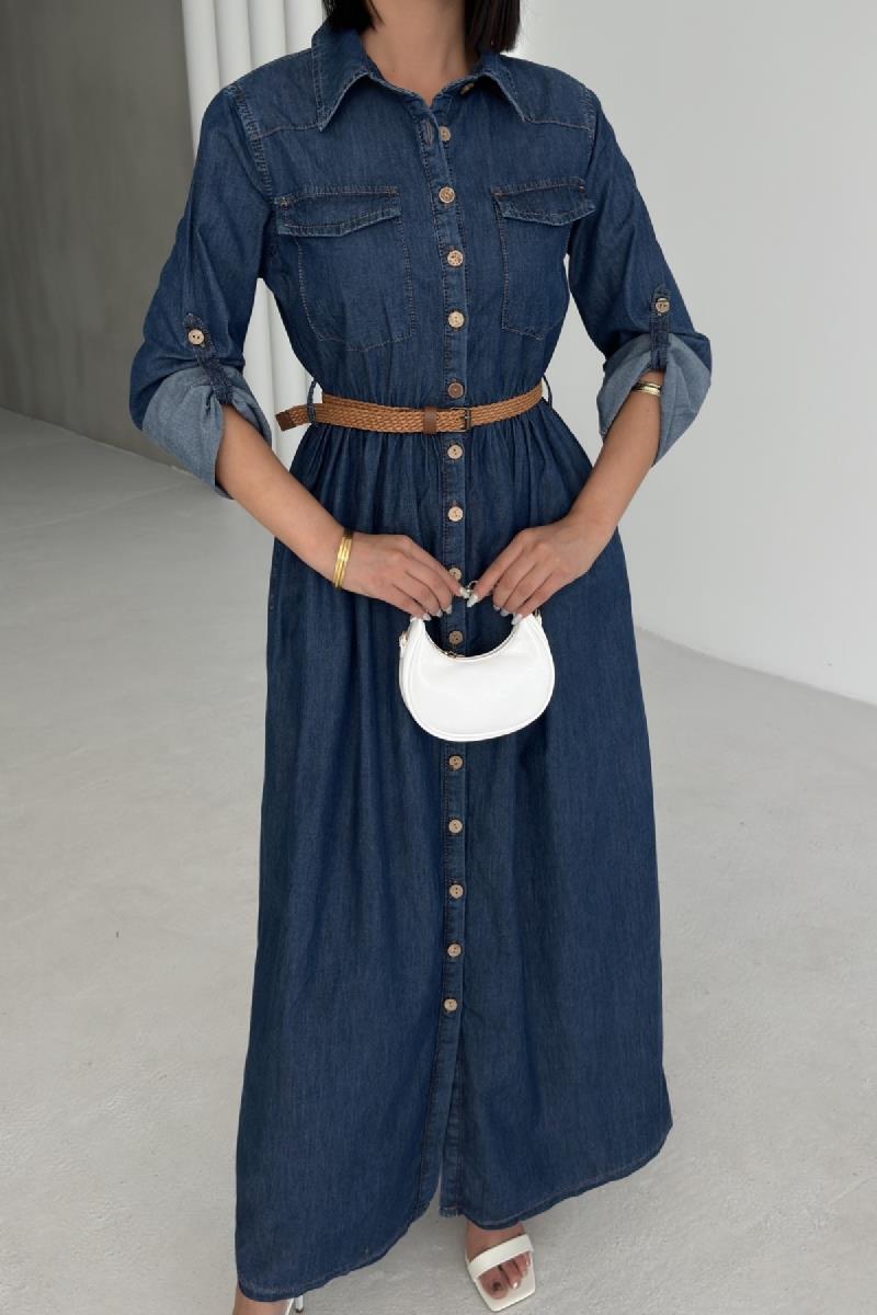 Düğmeli Uzun Kot Elbise 3041-26-(S-XL)