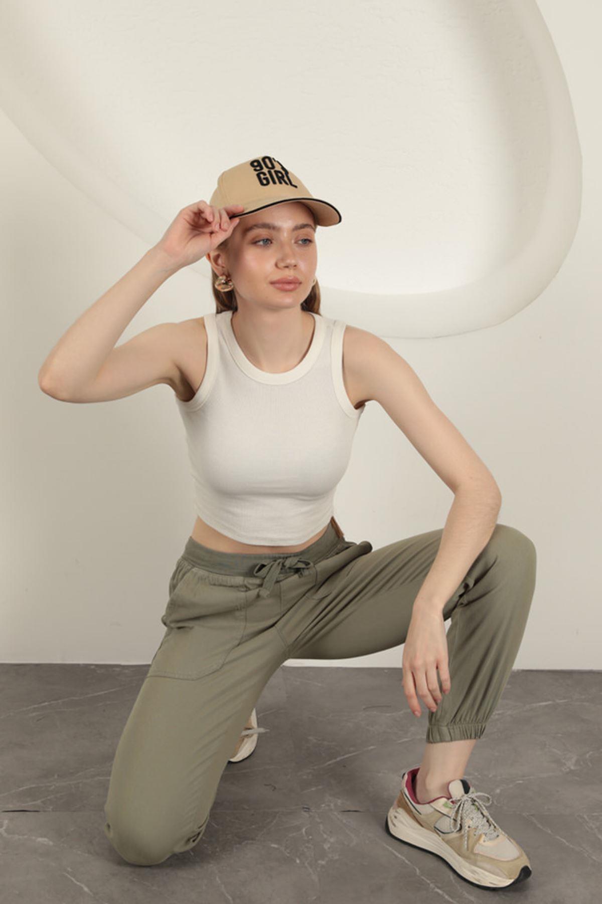 Elastic Leg Women's Trousers-Khaki