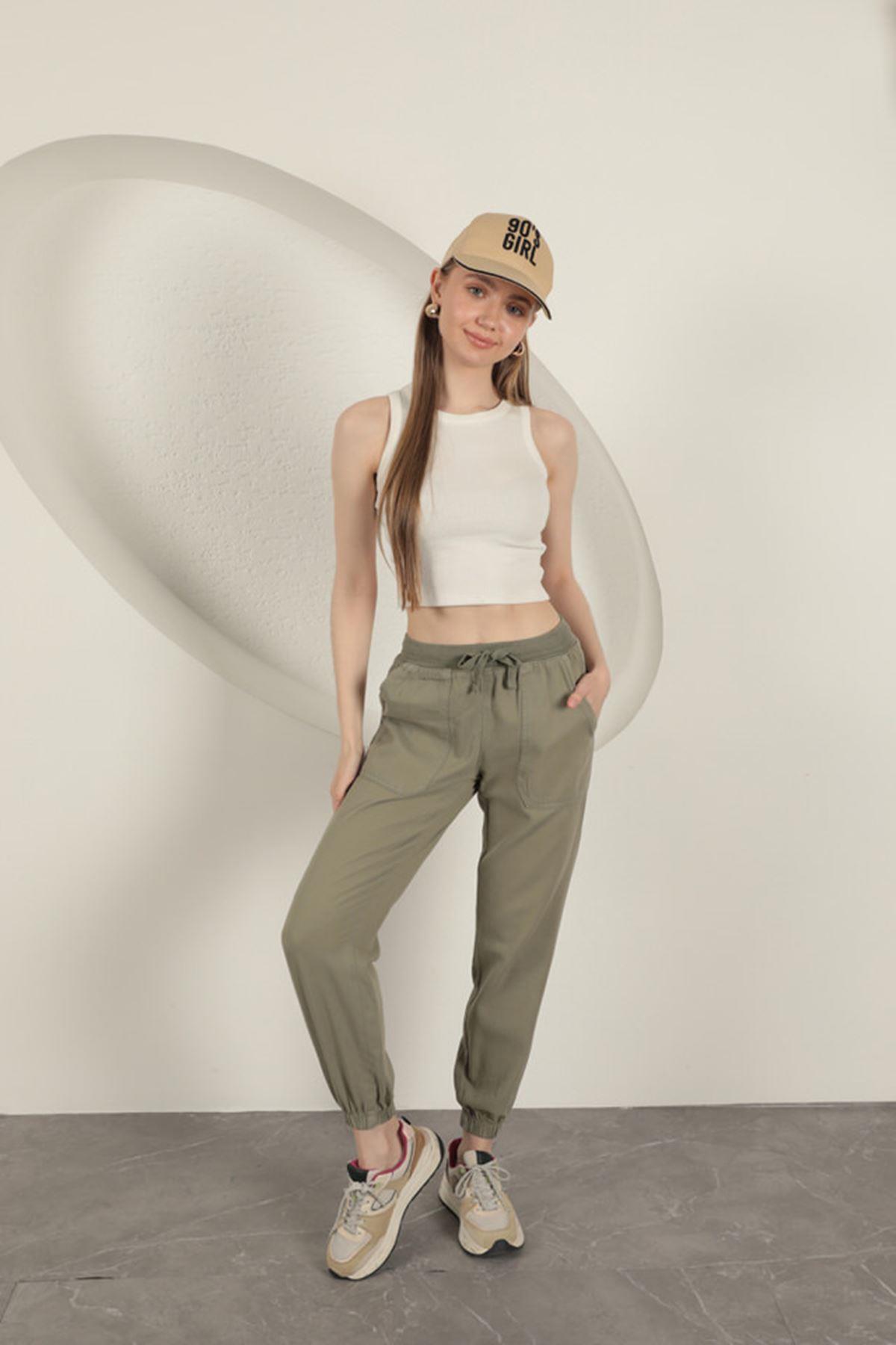 Elastic Leg Women's Trousers-Khaki