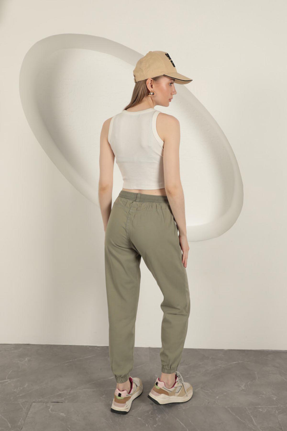 Elastic Leg Women's Trousers-Khaki