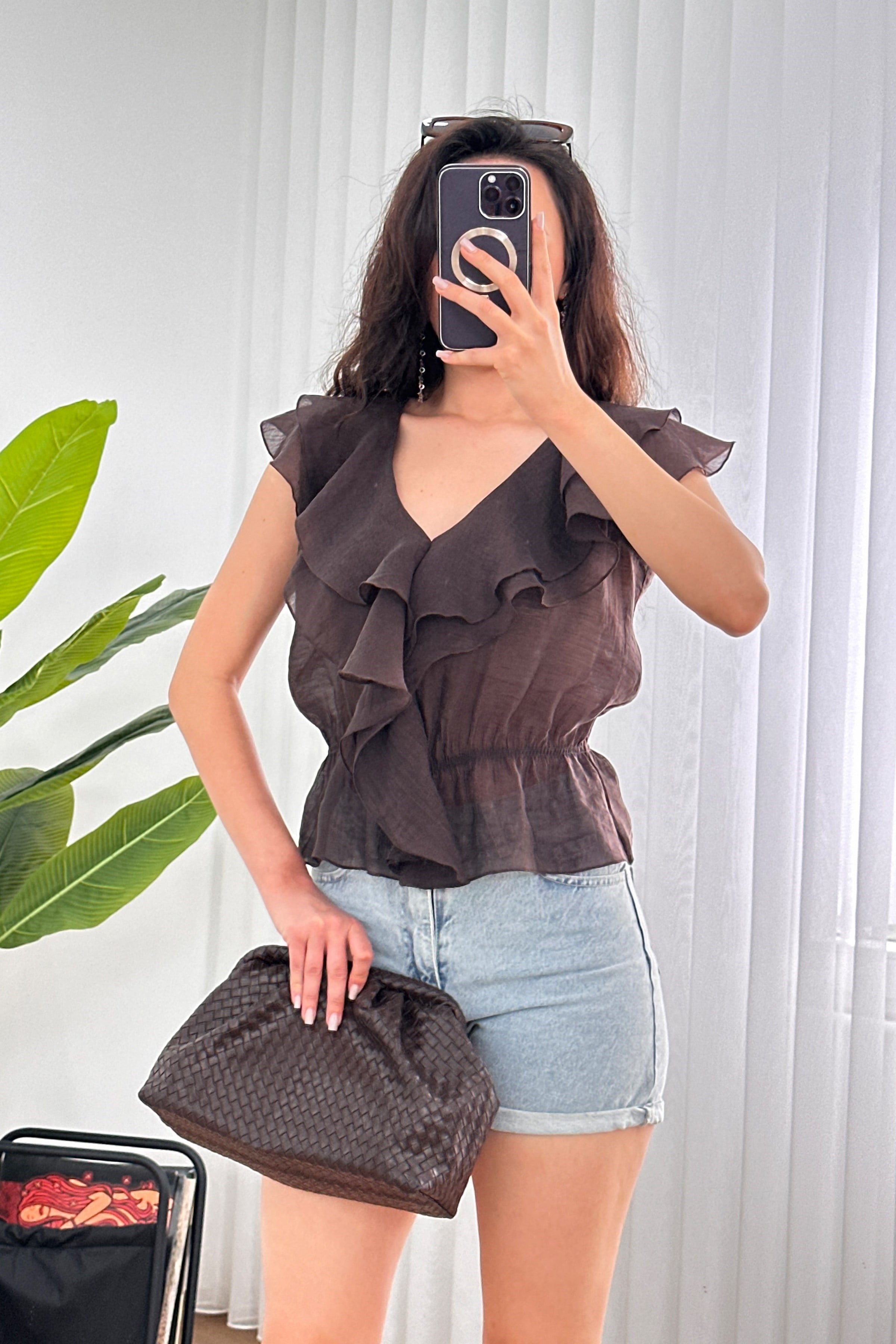 Fırfırlı Beli Lastikli Toptan Kahve Bluz
