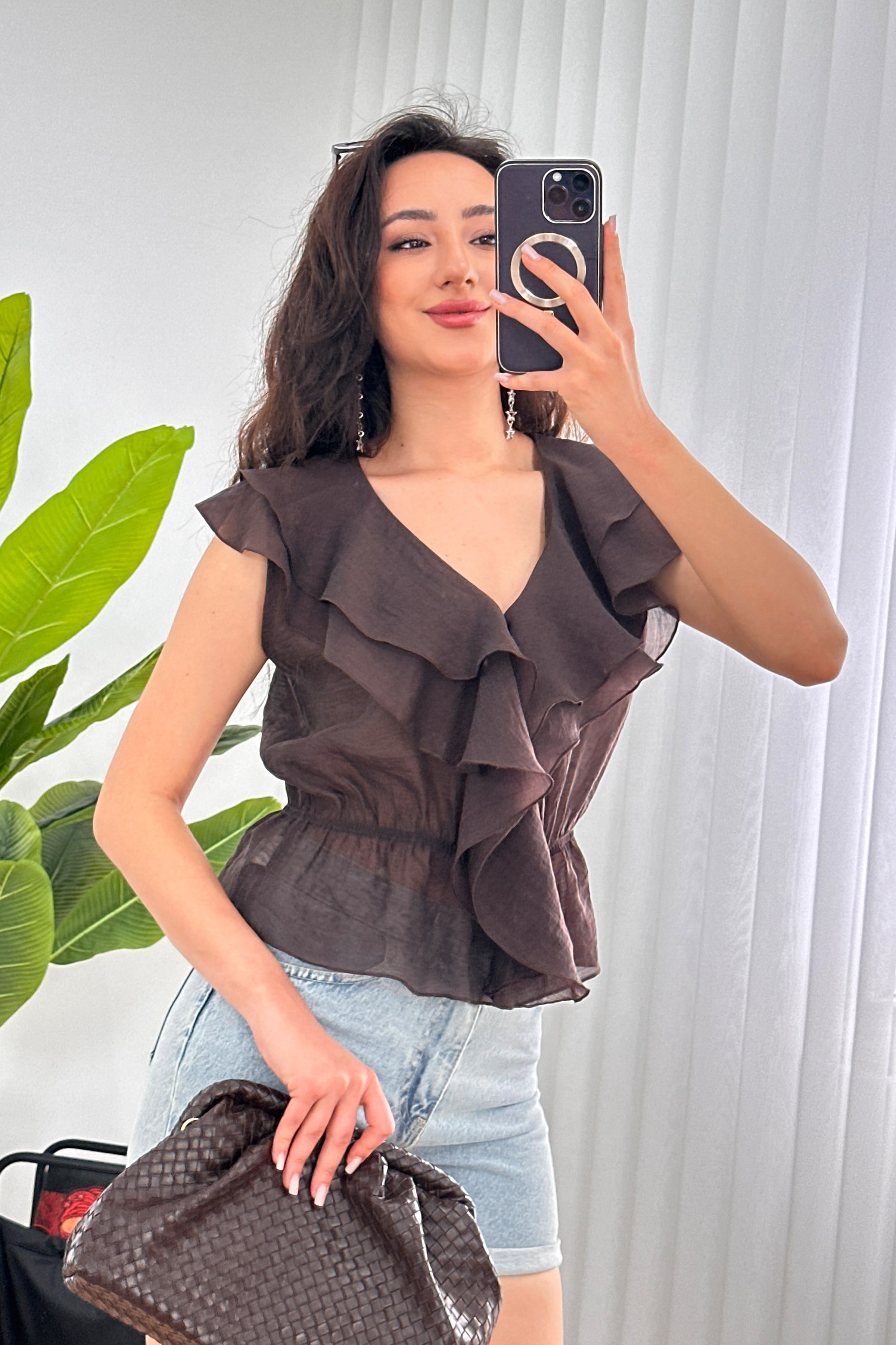 Fırfırlı Beli Lastikli Toptan Kahve Bluz