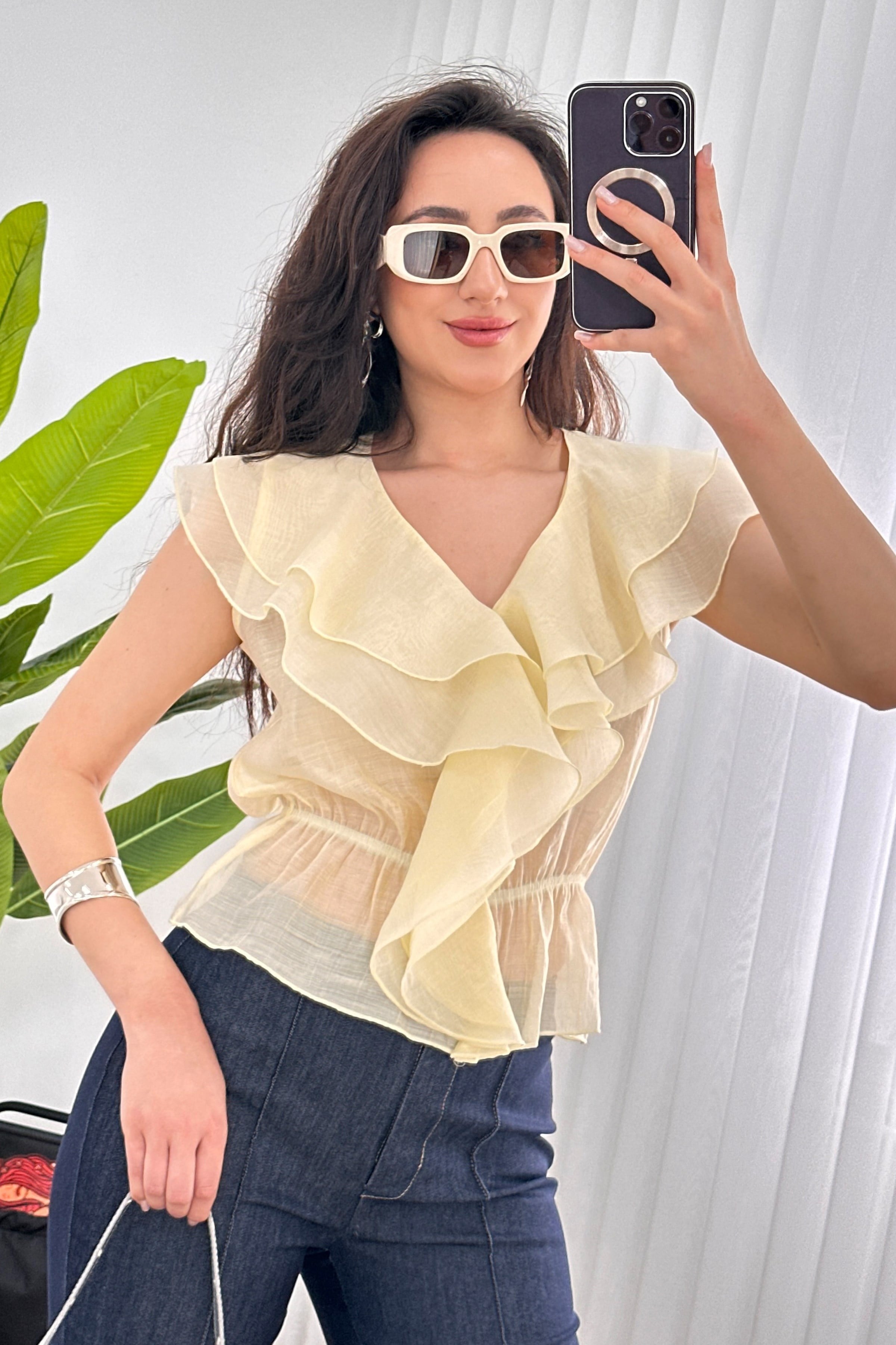 Fırfırlı Beli Lastikli Toptan Sarı Bluz