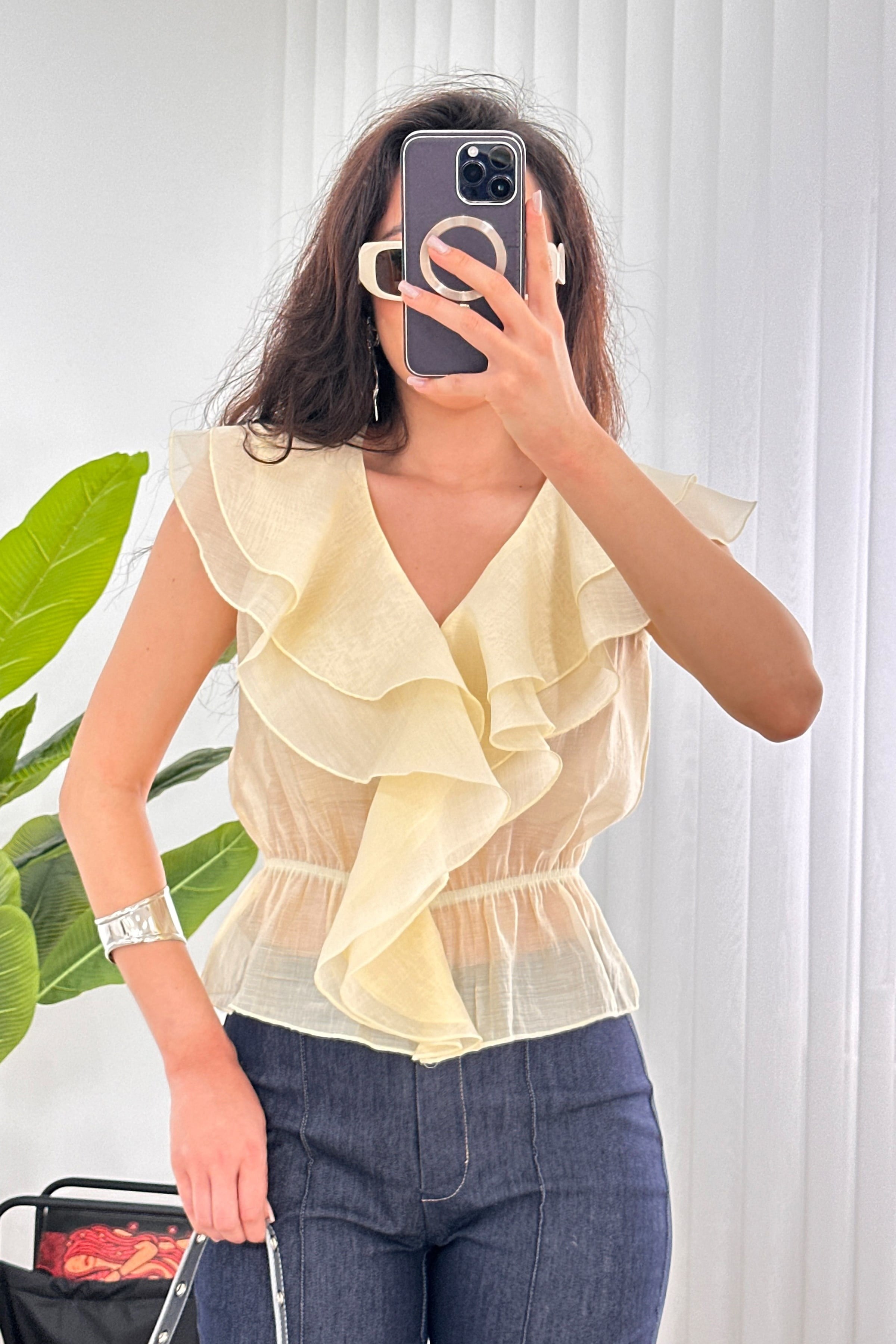 Fırfırlı Beli Lastikli Toptan Sarı Bluz