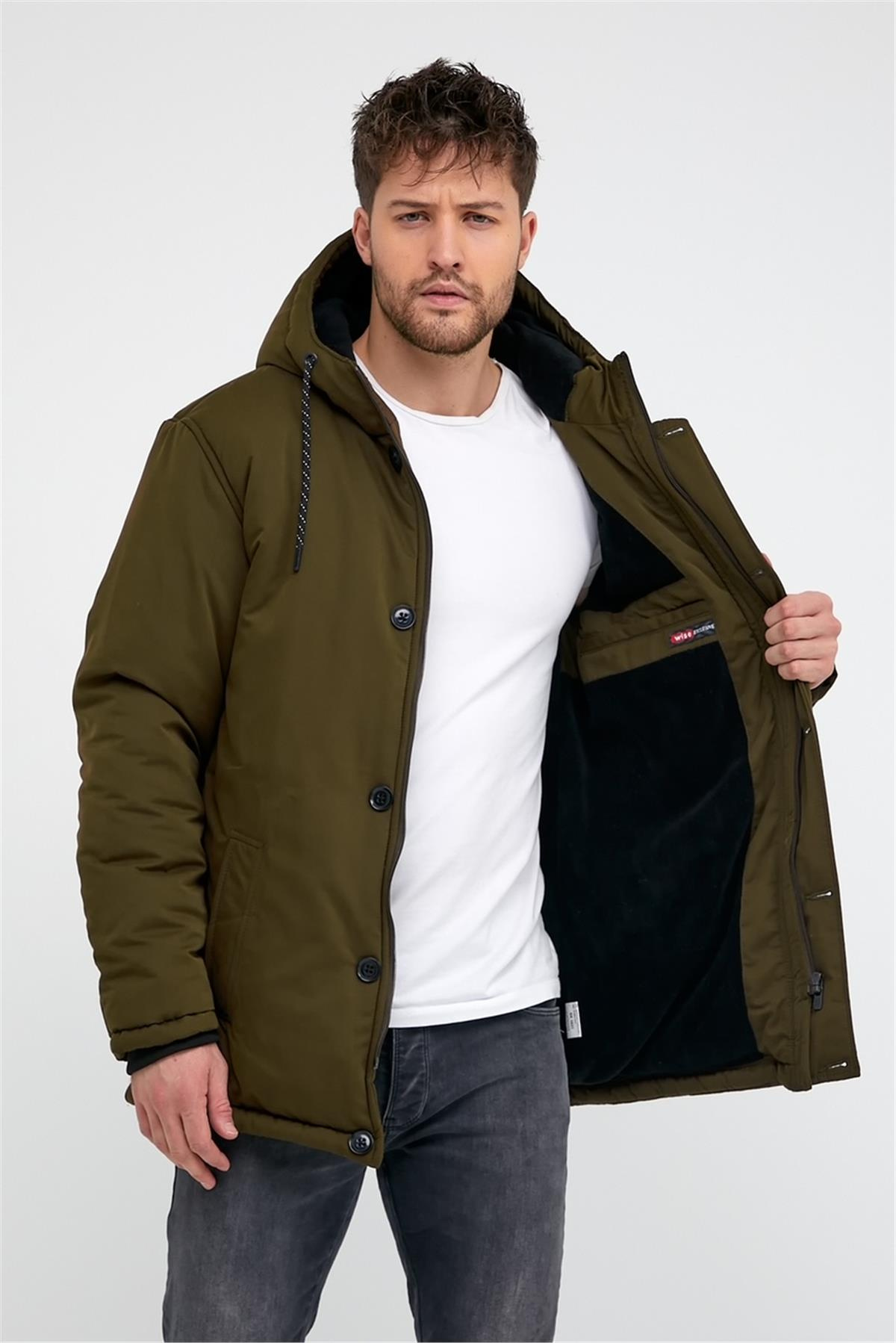 Wholesale Khaki Polar Lined Hooded Jacket 3517H