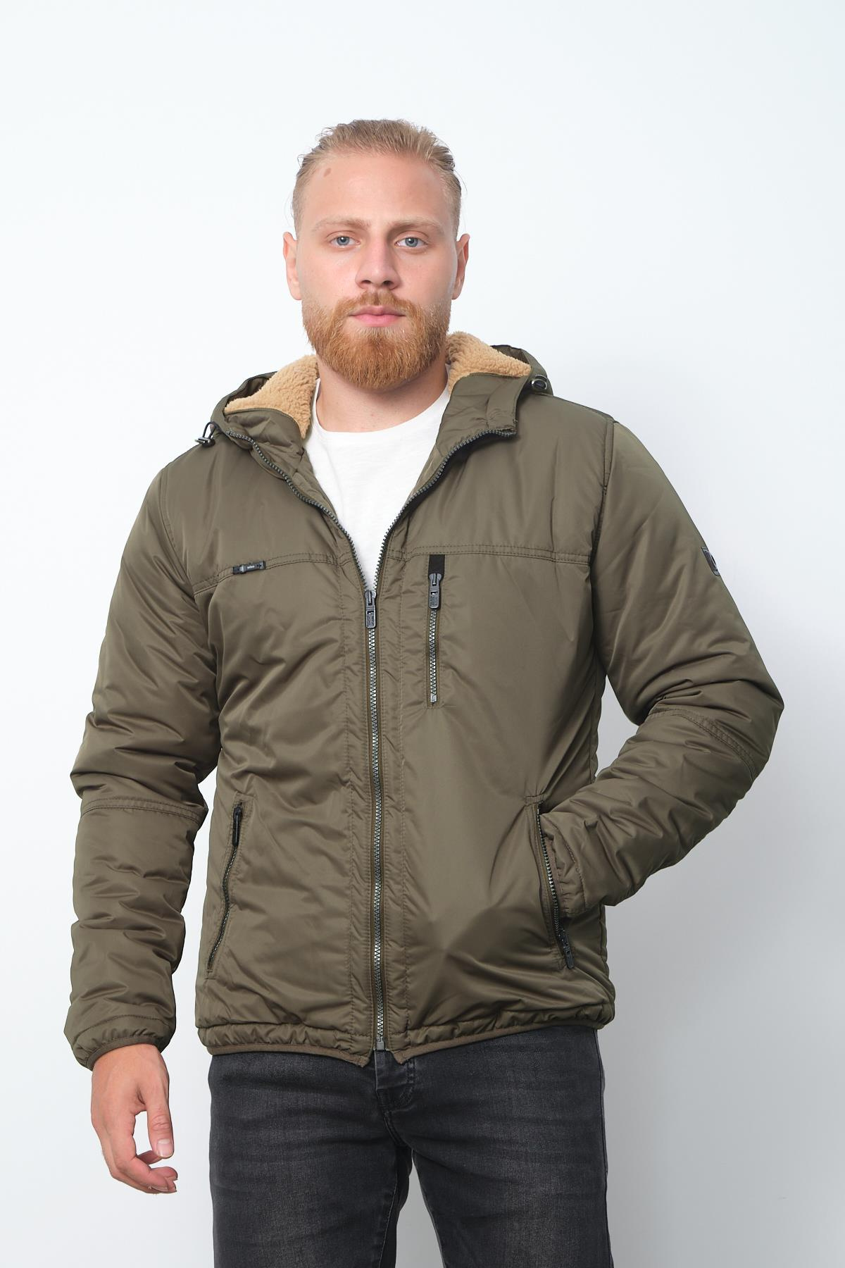 Wholesale Khaki Fur Lined Hooded Coat 35791H