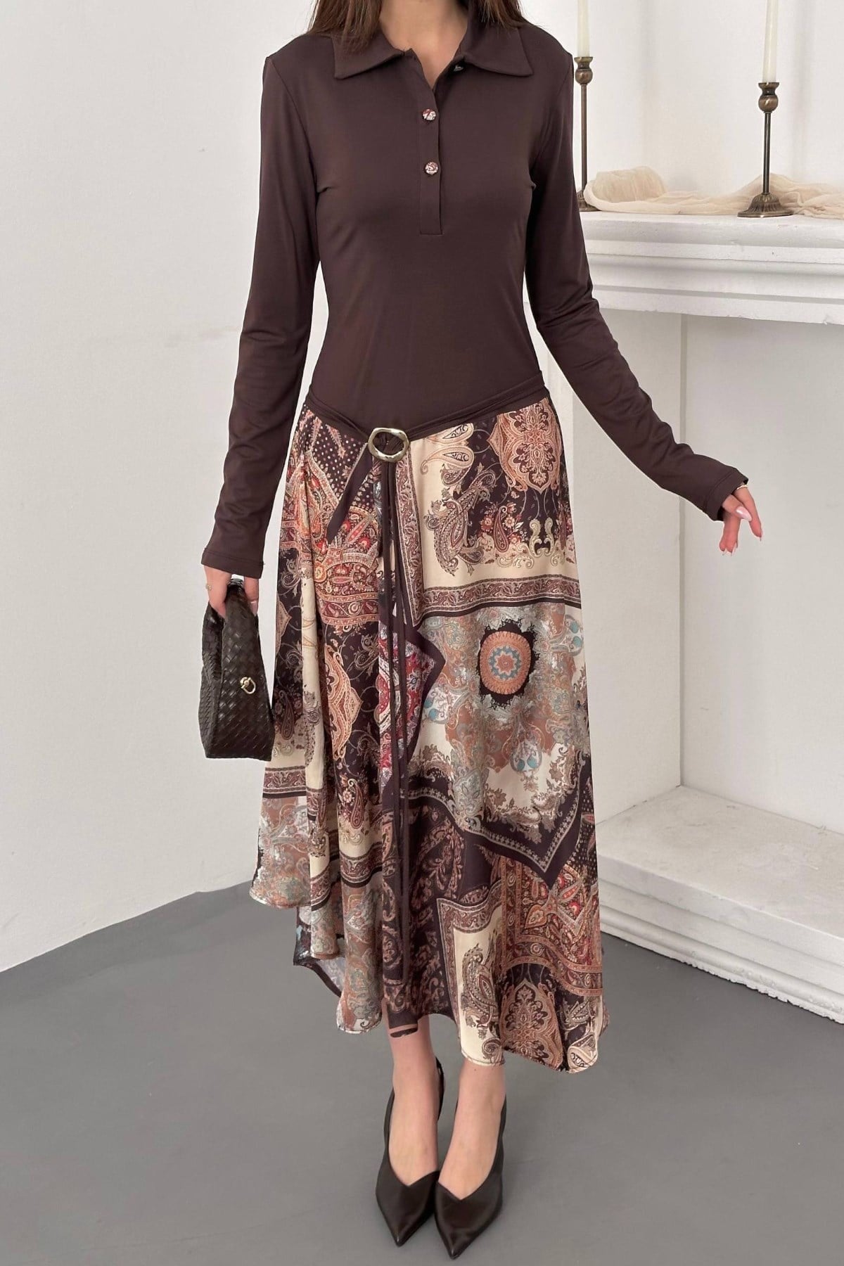Kahverengi Asimetrik Tulum Elbise