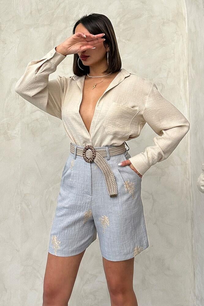 Kemer Detaylı Nakışlı Keten Şort - Gri | Topshow