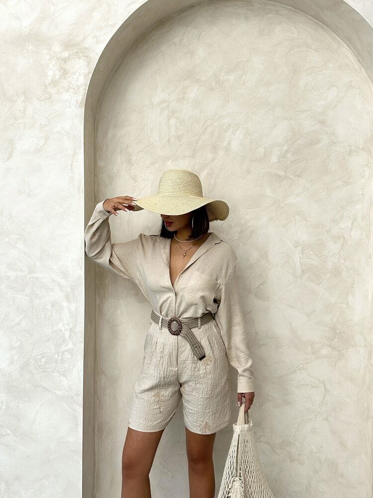 Kemer Detaylı Nakışlı Keten Şort - Taş | Topshow