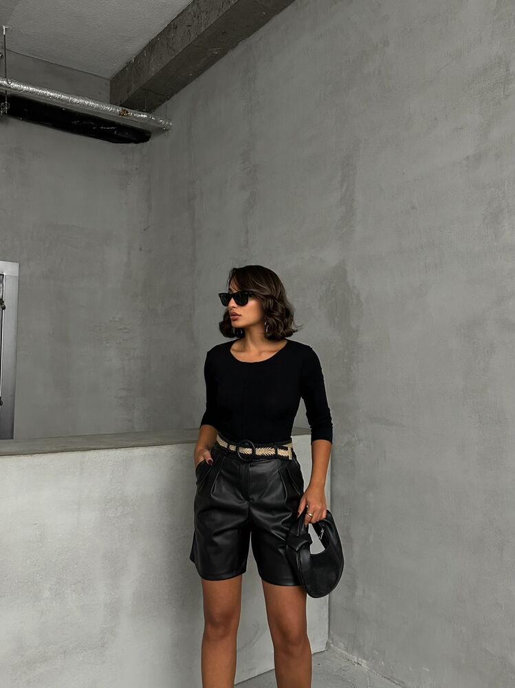 Kemerli Deri Toptan Şort - Siyah | TOPSHOW