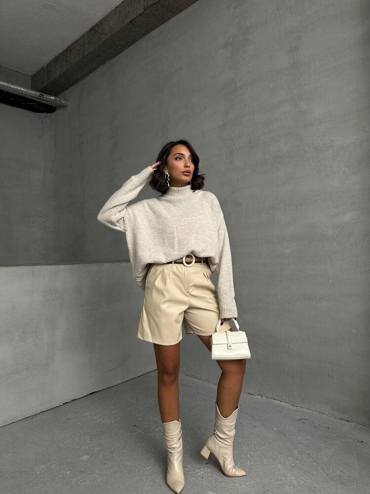 Kemerli Deri Toptan Şort - Taş | TOPSHOW