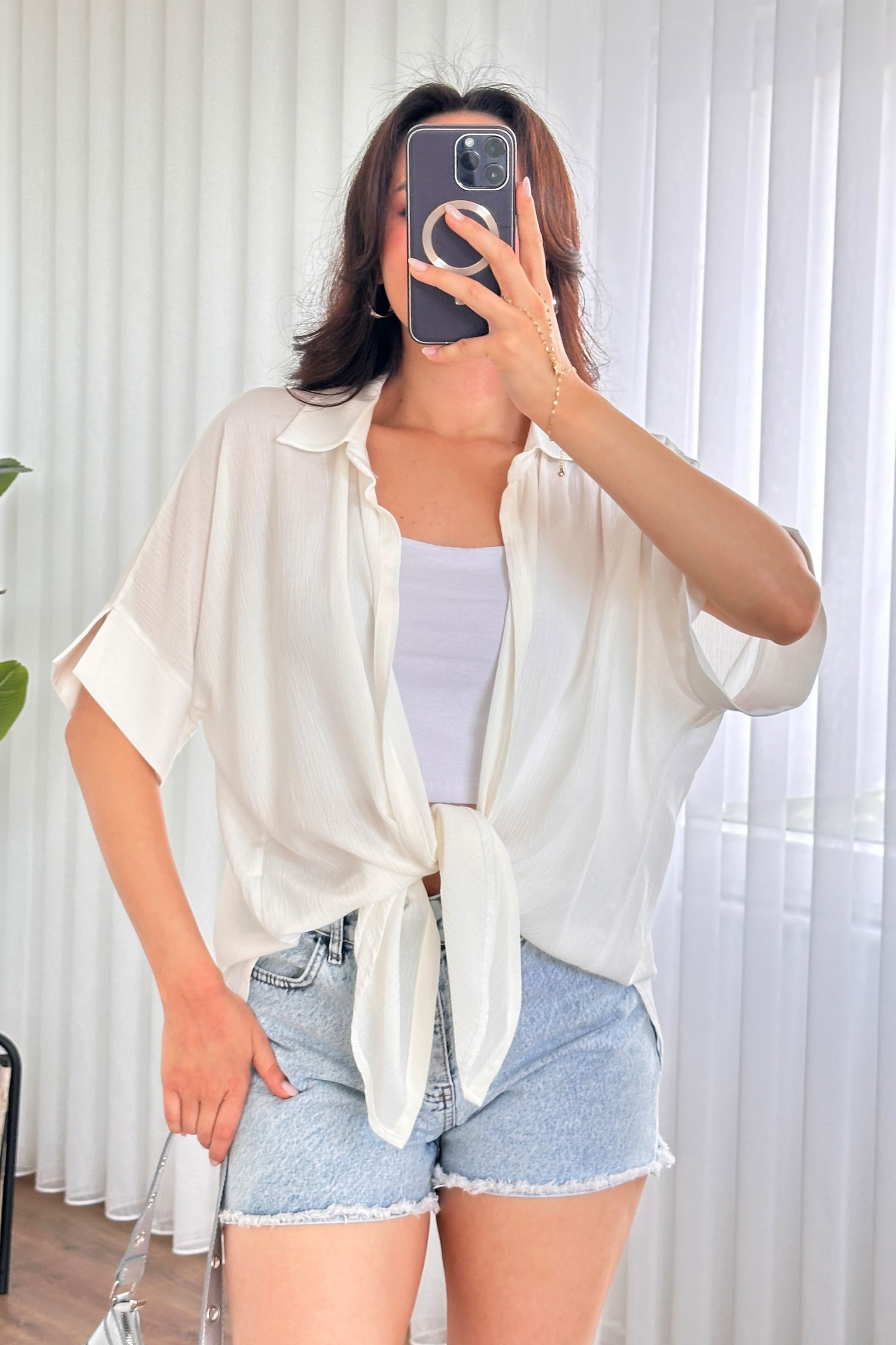 Kısa Kol Basic Kimono Toptan Ekru Bluz