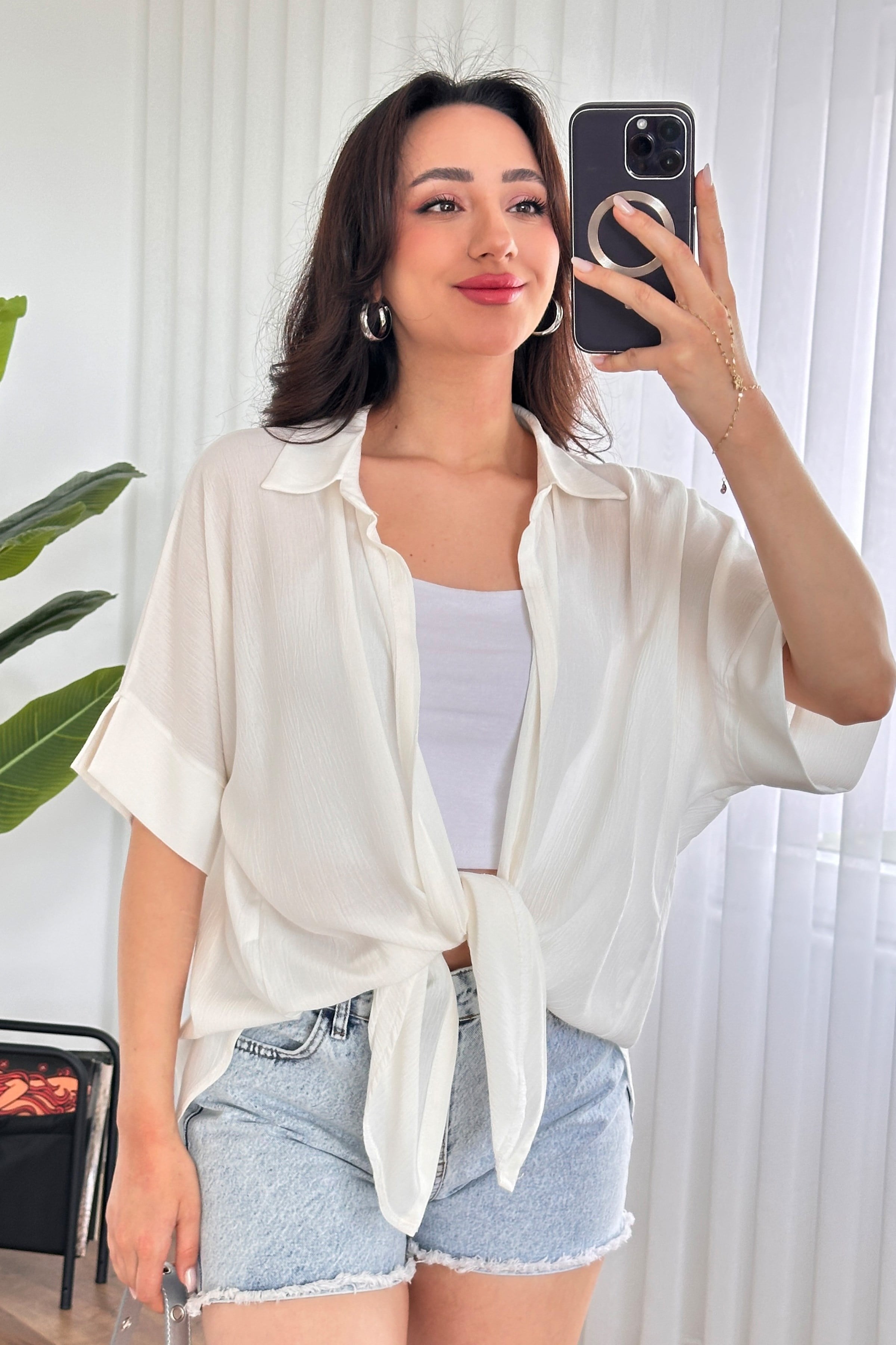 Kısa Kol Basic Kimono Toptan Ekru Bluz