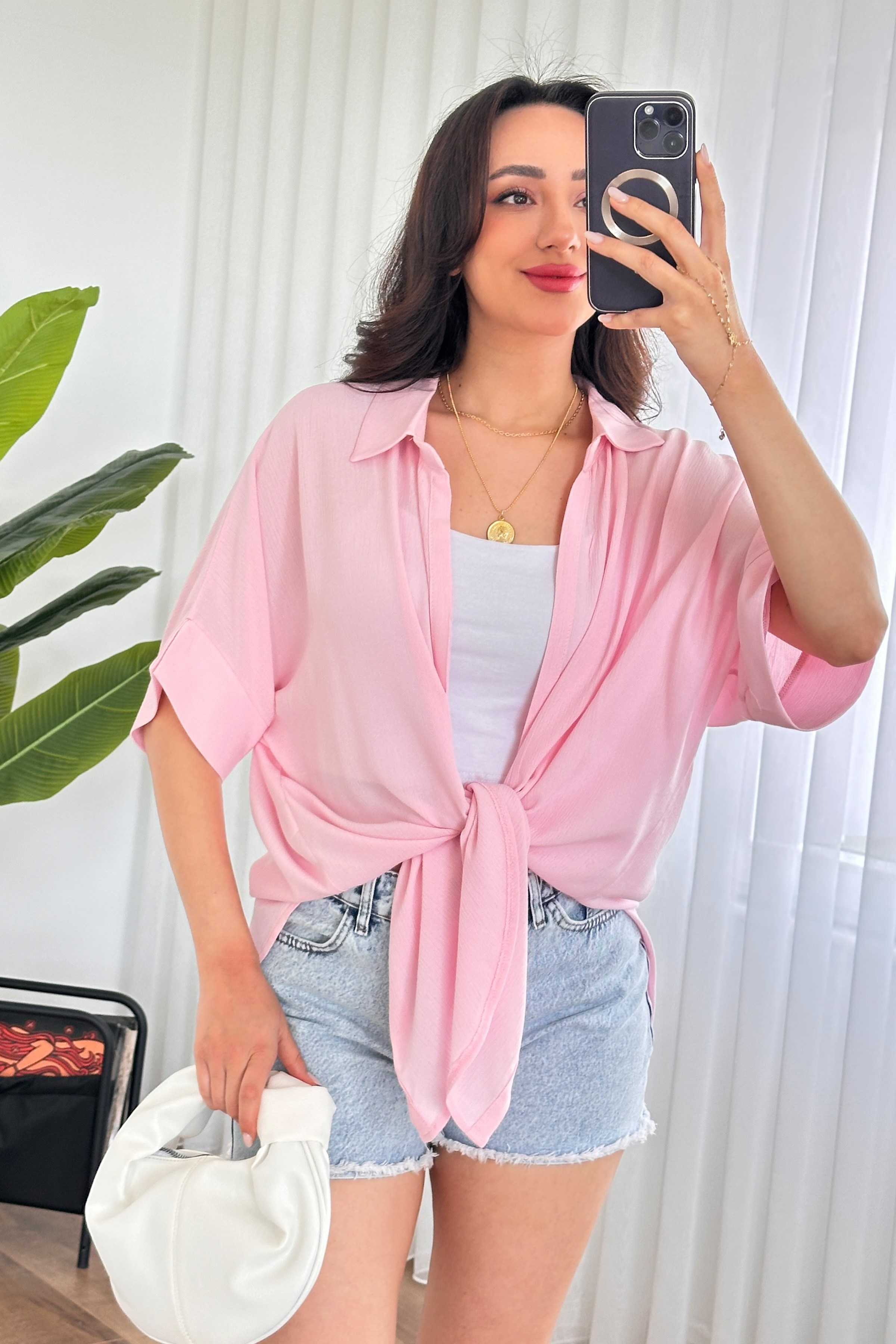 Kısa Kol Basic Kimono Toptan Pembe Bluz