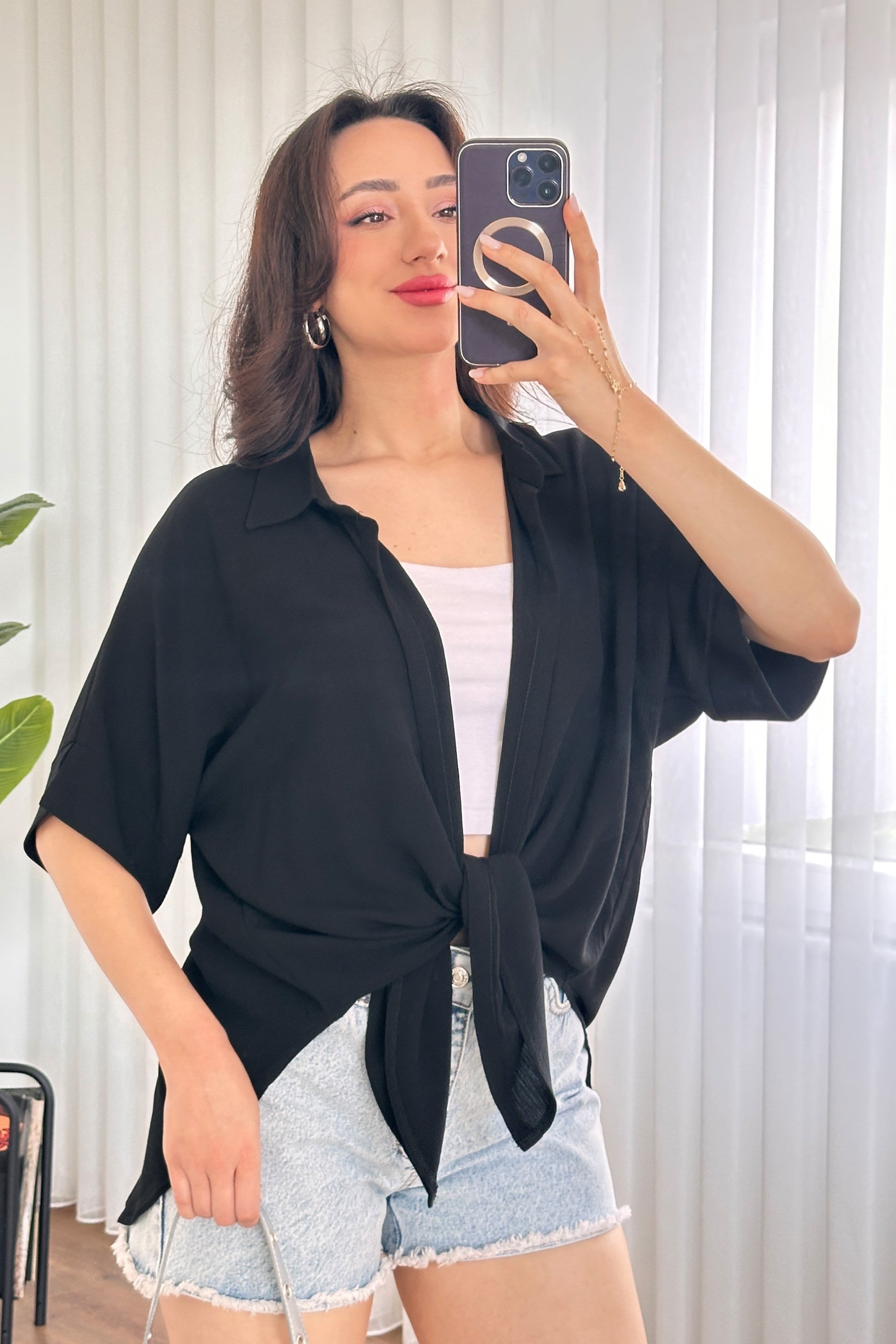 Kısa Kol Basic Kimono Toptan Siyah Bluz