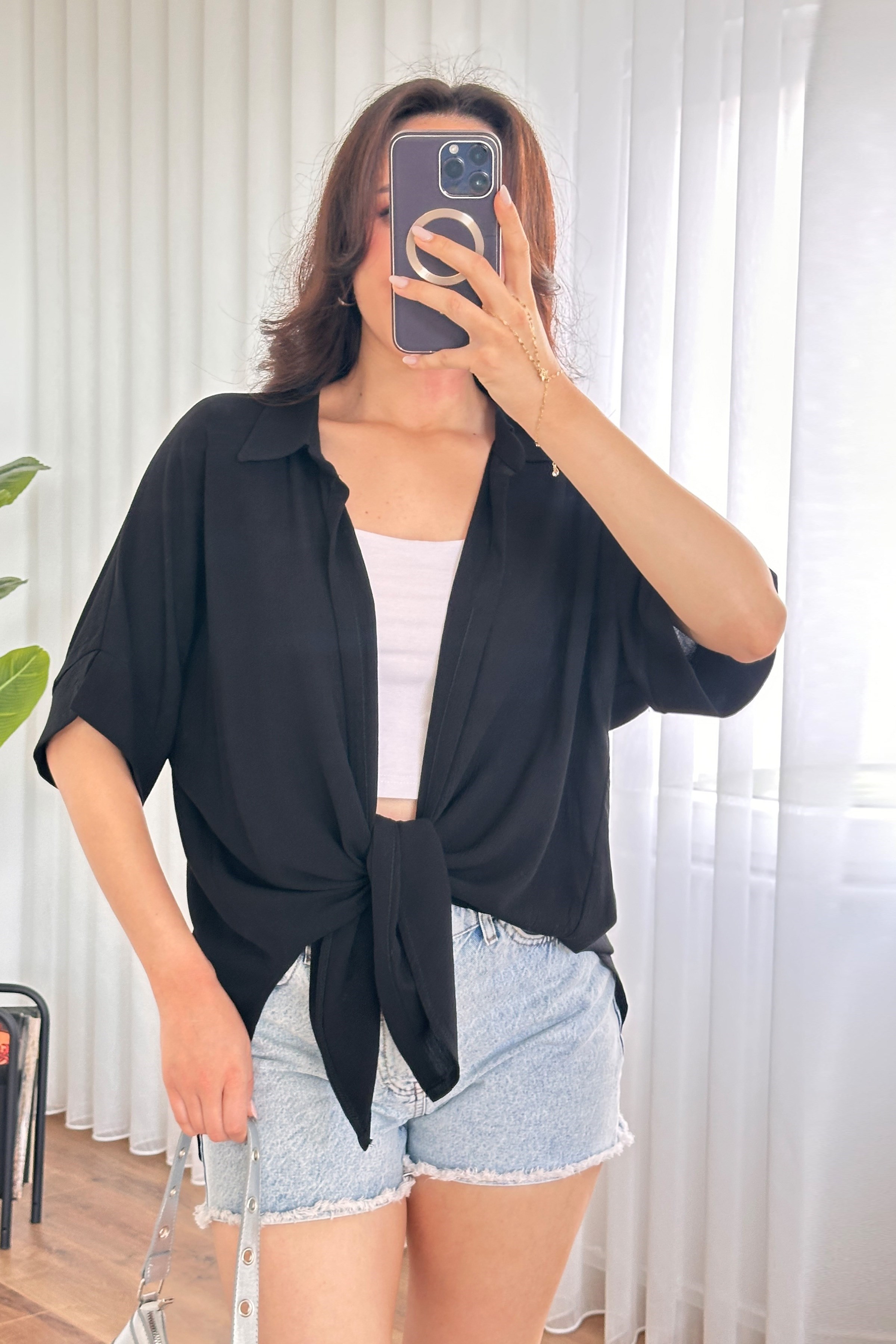 Kısa Kol Basic Kimono Toptan Siyah Bluz