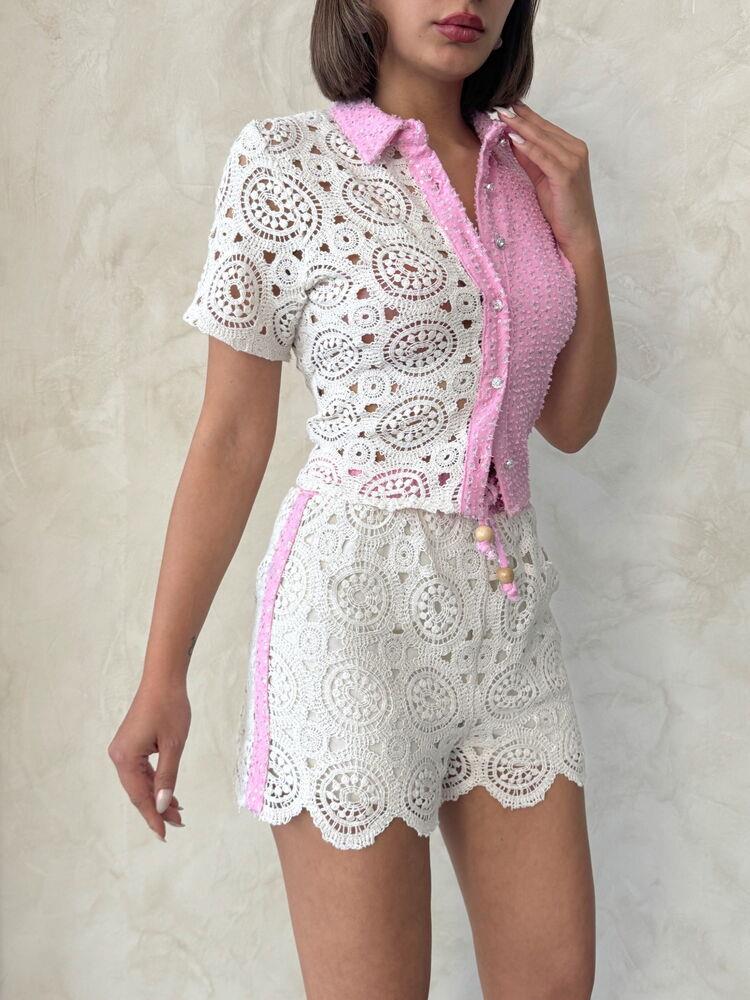 Kot Dantel Toptan Gömlek   Ham Pembe | Topshow