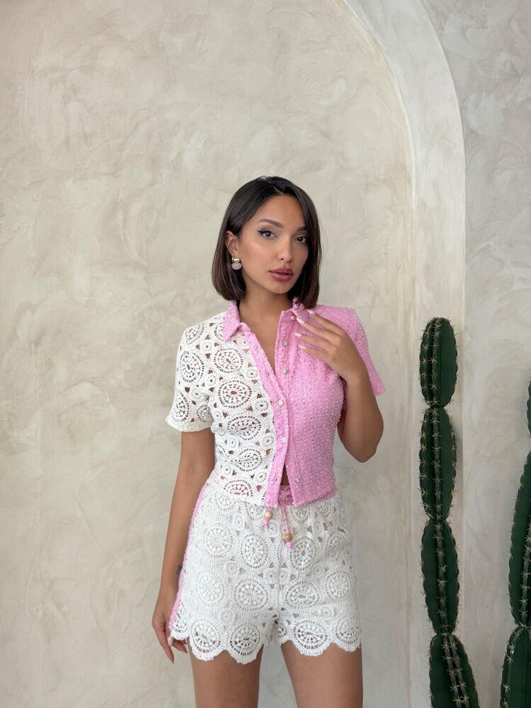 Kot Dantel Toptan Gömlek   Ham Pembe | Topshow