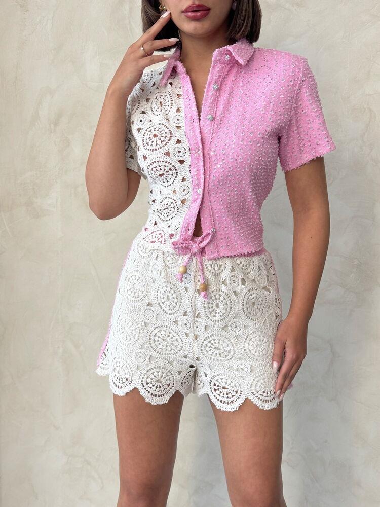 Kot Dantel Toptan Gömlek   Ham Pembe | Topshow