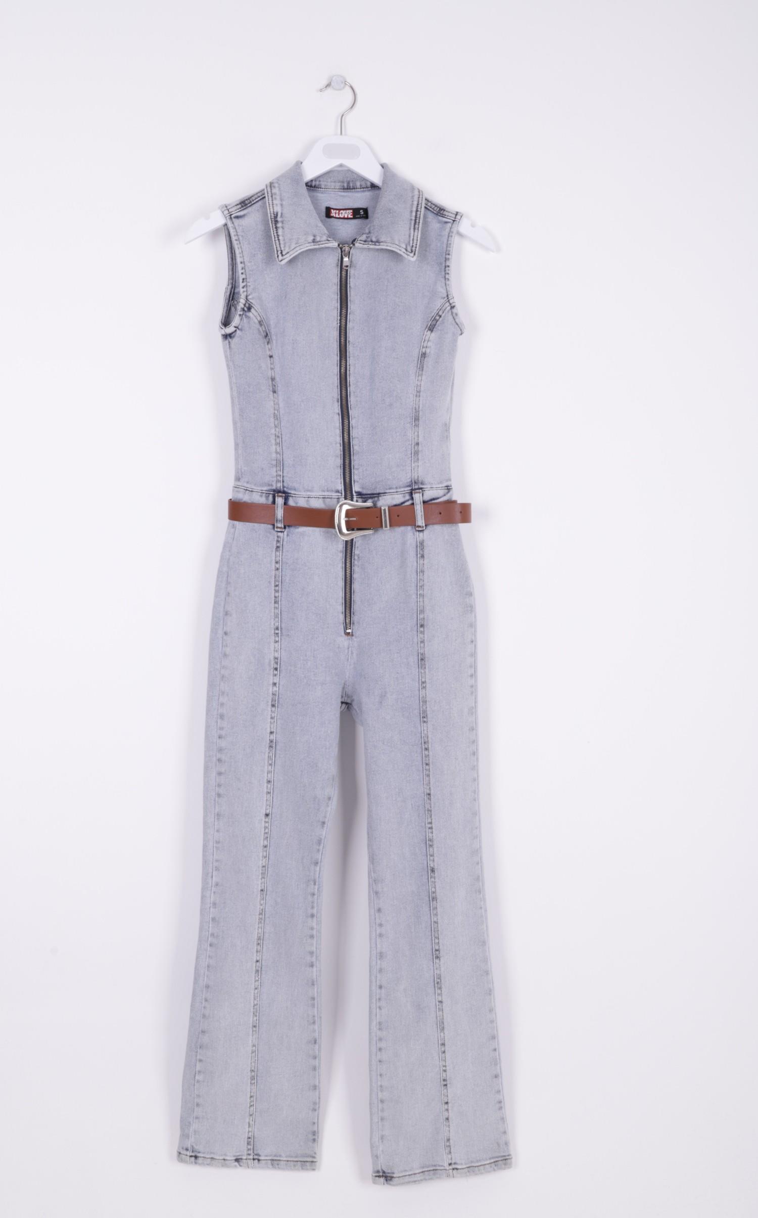 Kuplu Kolsuz Fermuarlı Kot Tulum 3013-08-(S-XL)