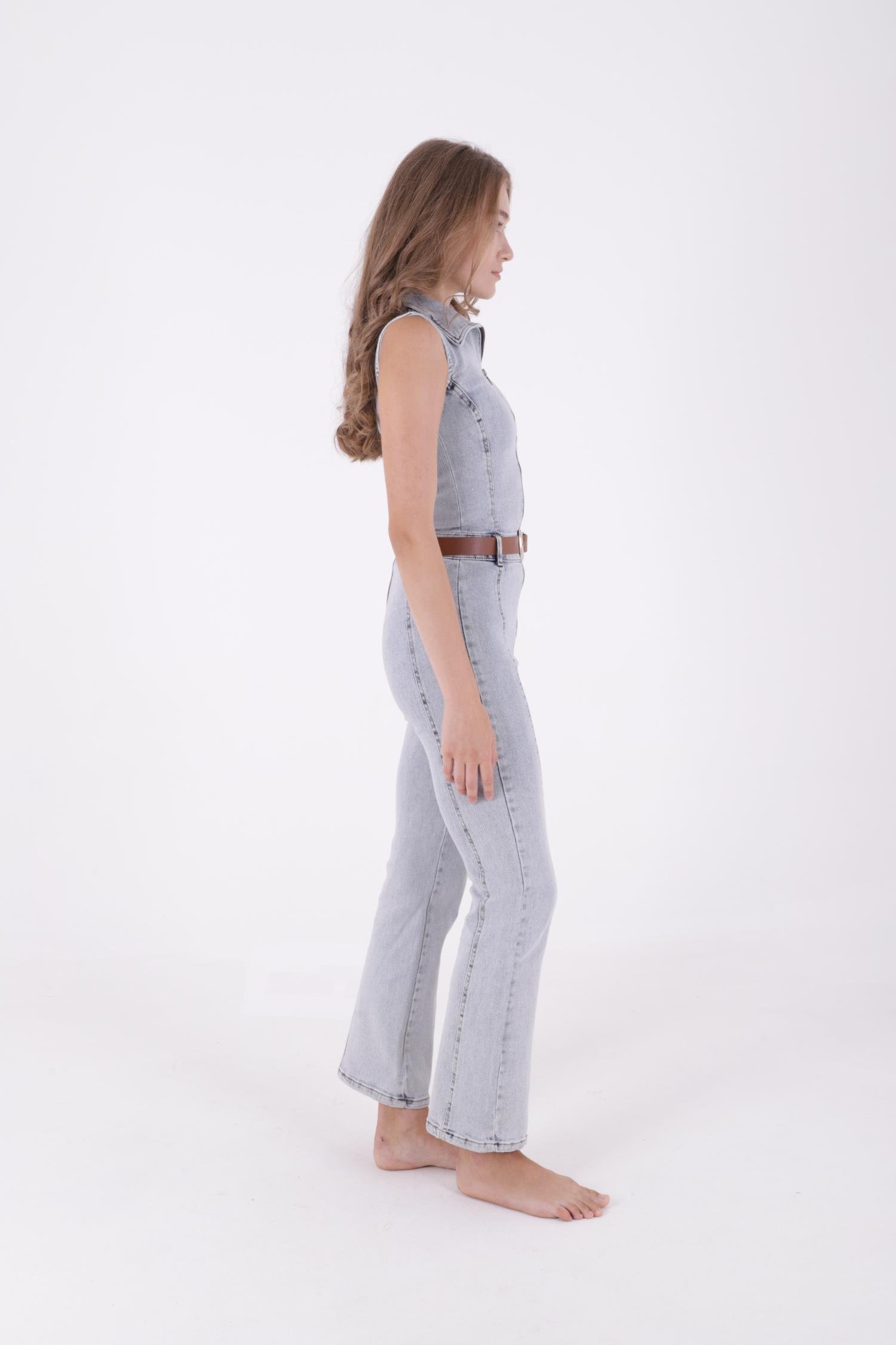 Kuplu Kolsuz Fermuarlı Kot Tulum 3013-08-(S-XL)