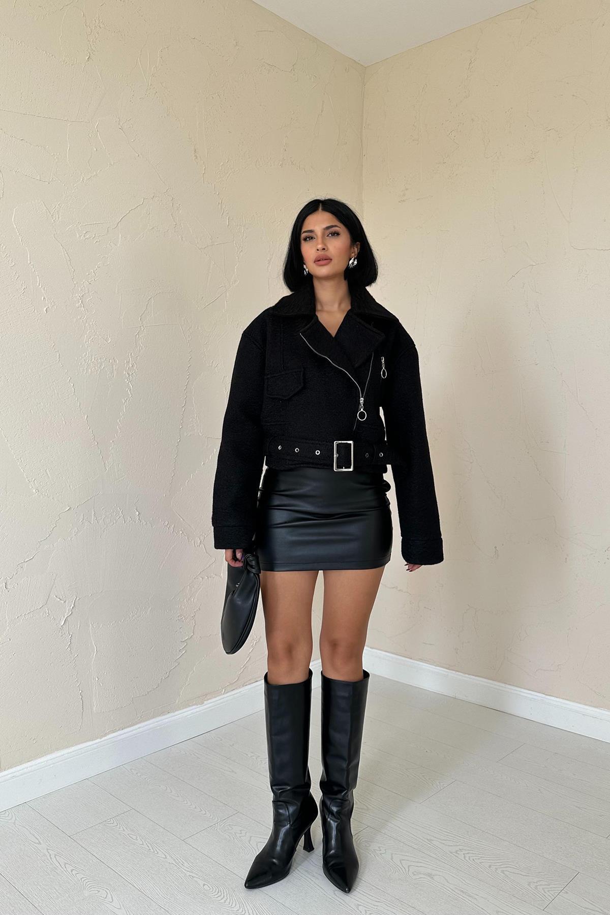 Kuşgözü Kaşe Manto - Siyah