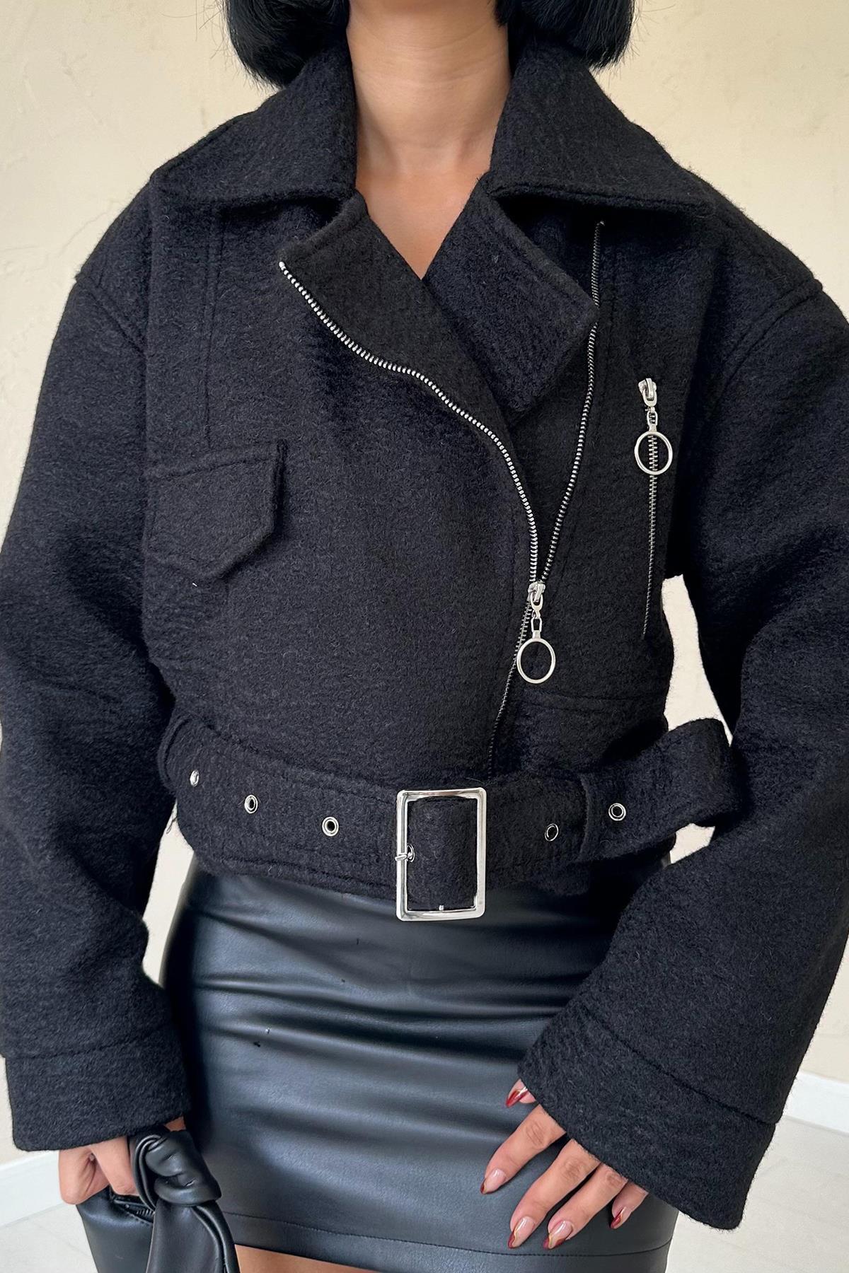 Kuşgözü Kaşe Manto - Siyah