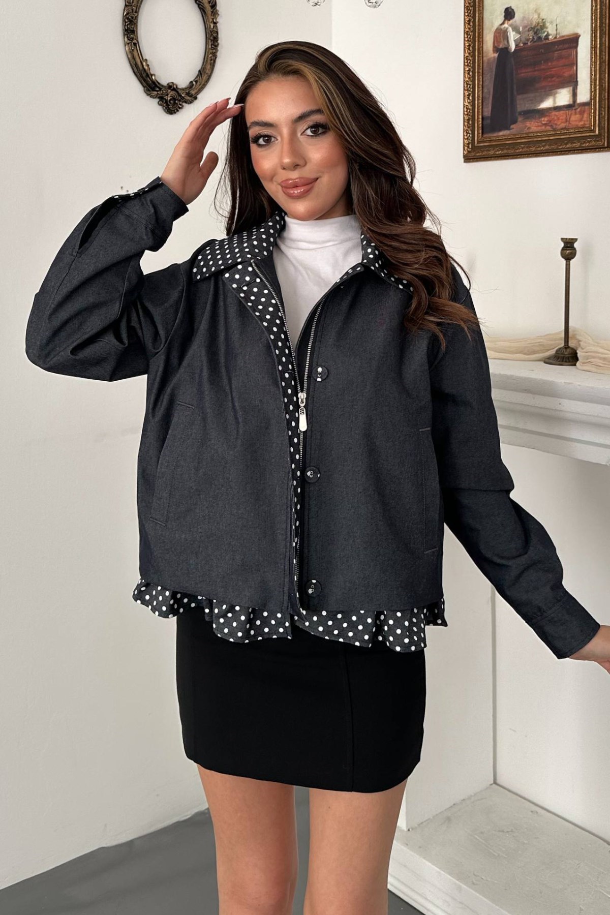 Lacivert Puantiyeli Fırfırlı Ceket