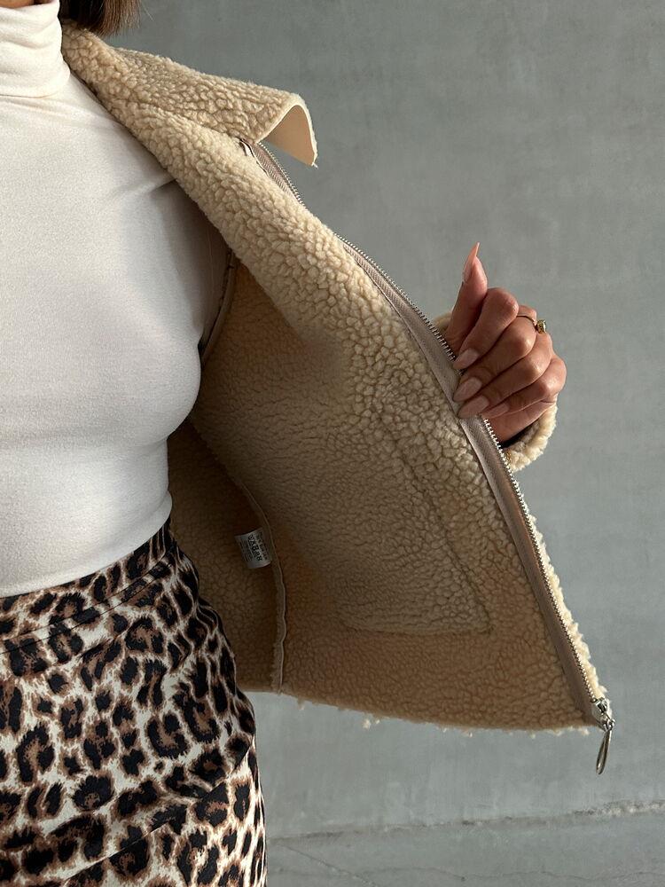 Lamine Deri Fermuarlı Toptan Mont - Açık Taş | TOPSHOW