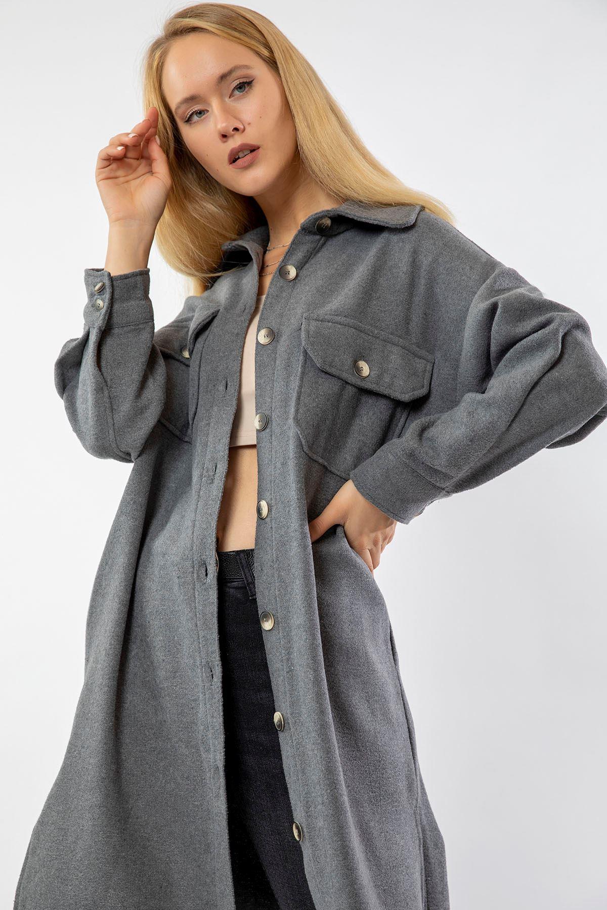 Long Sleeve Shirt Collar Below Knee Comfy Fit Women'S Shirt - Anthracite 