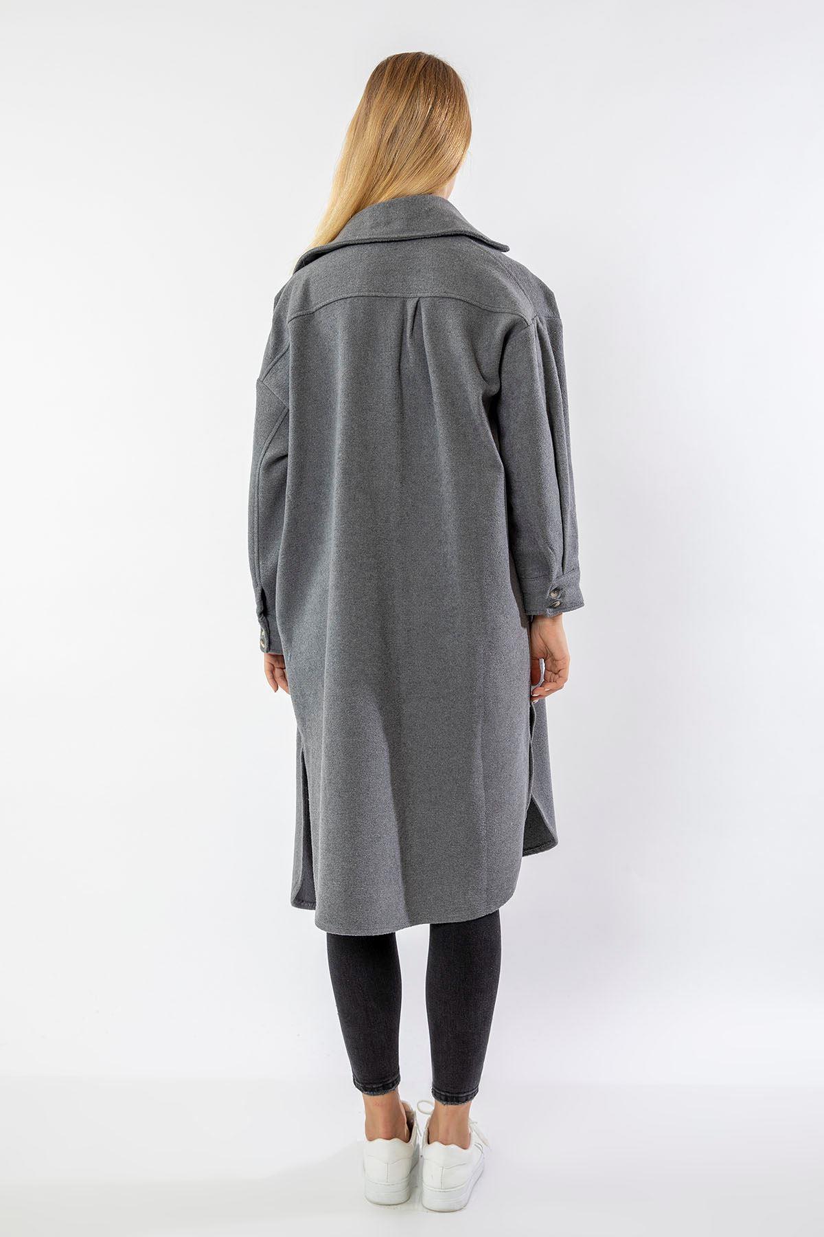 Long Sleeve Shirt Collar Below Knee Comfy Fit Women'S Shirt - Anthracite 