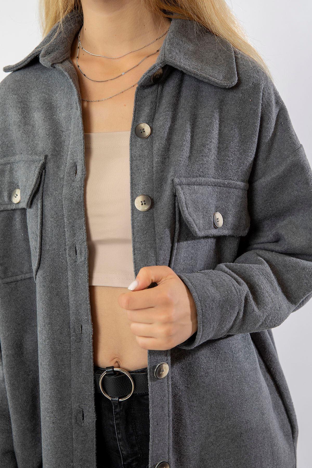 Long Sleeve Shirt Collar Below Knee Comfy Fit Women'S Shirt - Anthracite 