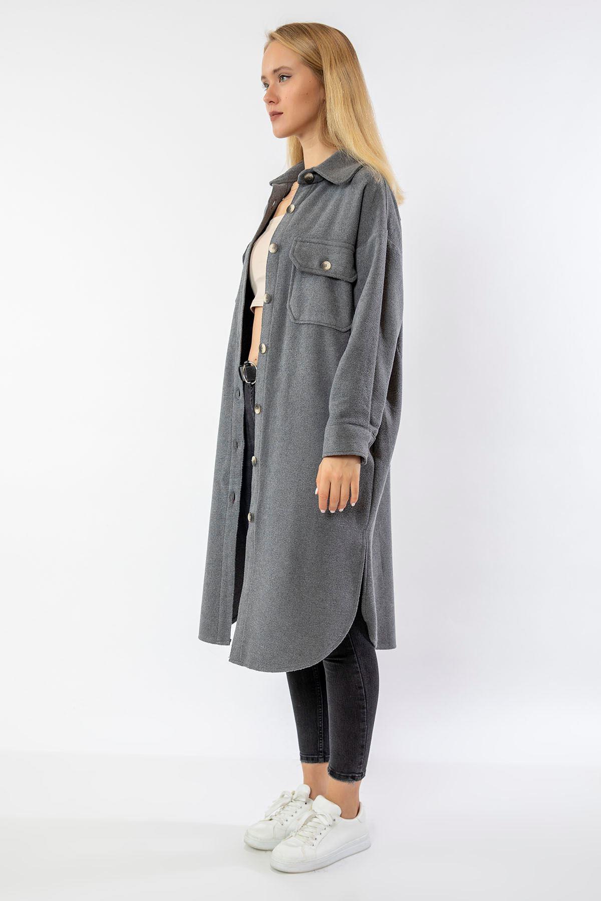 Long Sleeve Shirt Collar Below Knee Comfy Fit Women'S Shirt - Anthracite 
